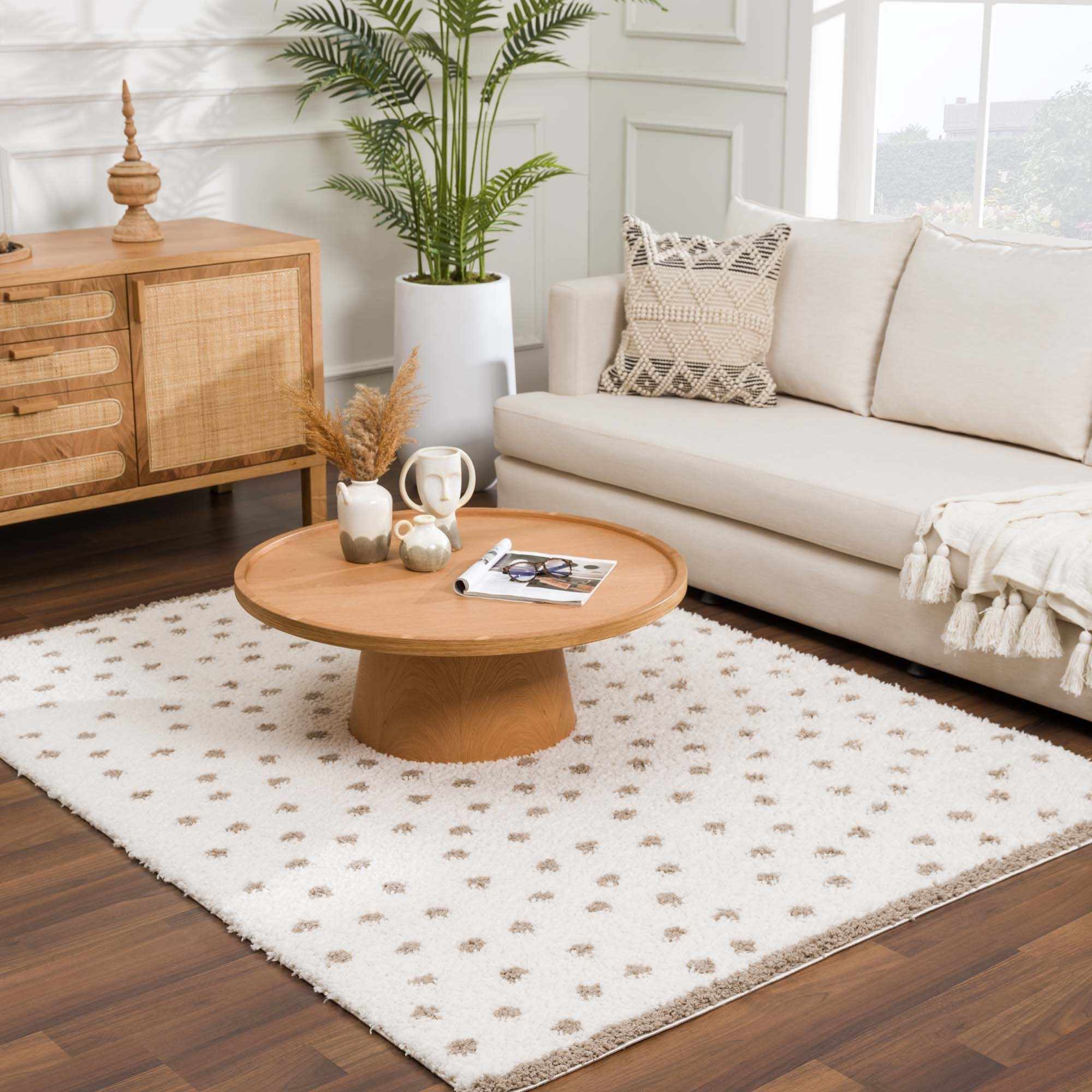 Modern Contemporary Dotted Ivory and Brown Plush Pile Moroccan style Area Rug - Image 5