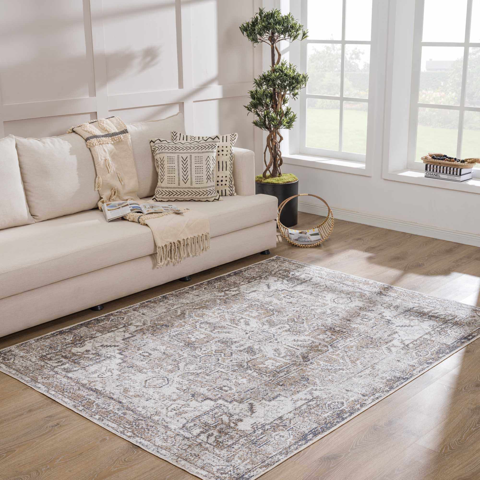 Transitional Ivory and Brown Machine Washable Rug - Image 4