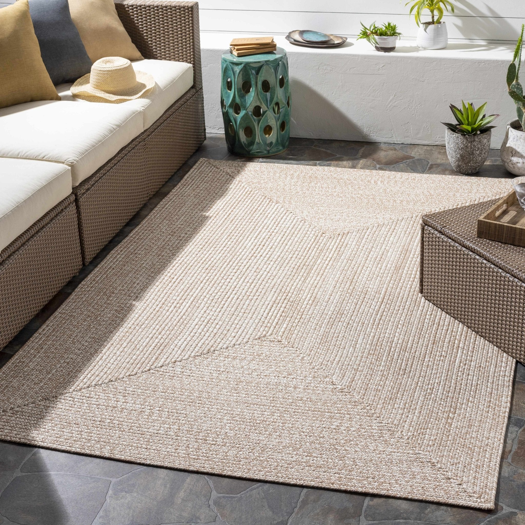 Ivory and Camel Chevron Design Jute Braided Outdoor safe area Rug - Image 2