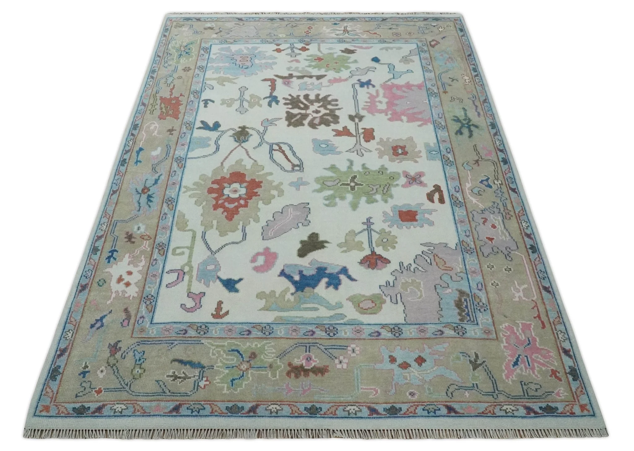 Ready to Ship 9x12 Ivory and Camel Hand Knotted Vibrant Colorful Traditional Oushak Wool Area Rug - Image 10