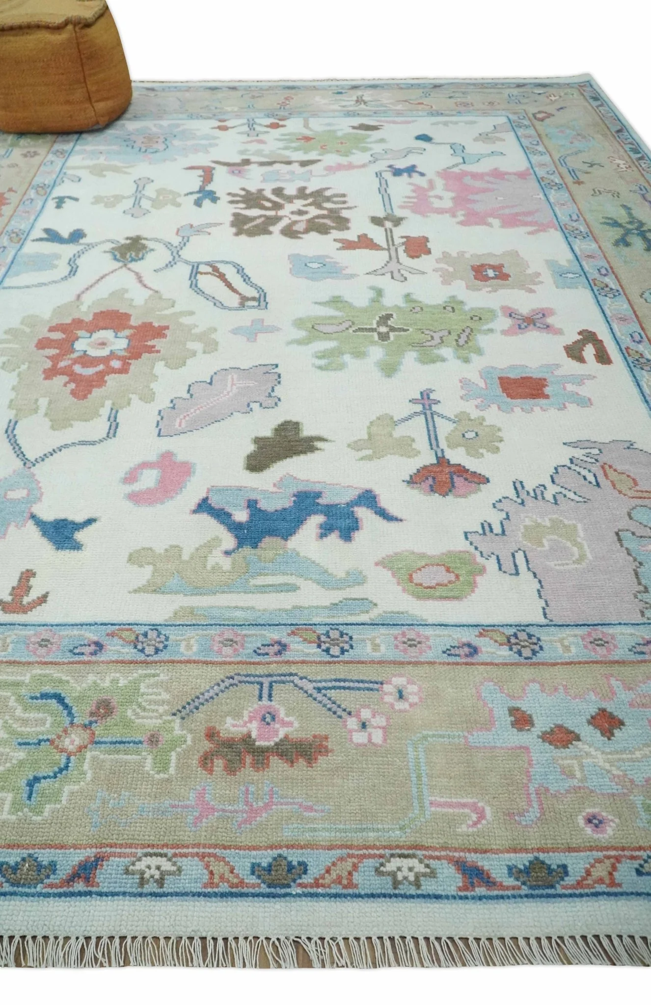 Ready to Ship 9x12 Ivory and Camel Hand Knotted Vibrant Colorful Traditional Oushak Wool Area Rug - Image 3