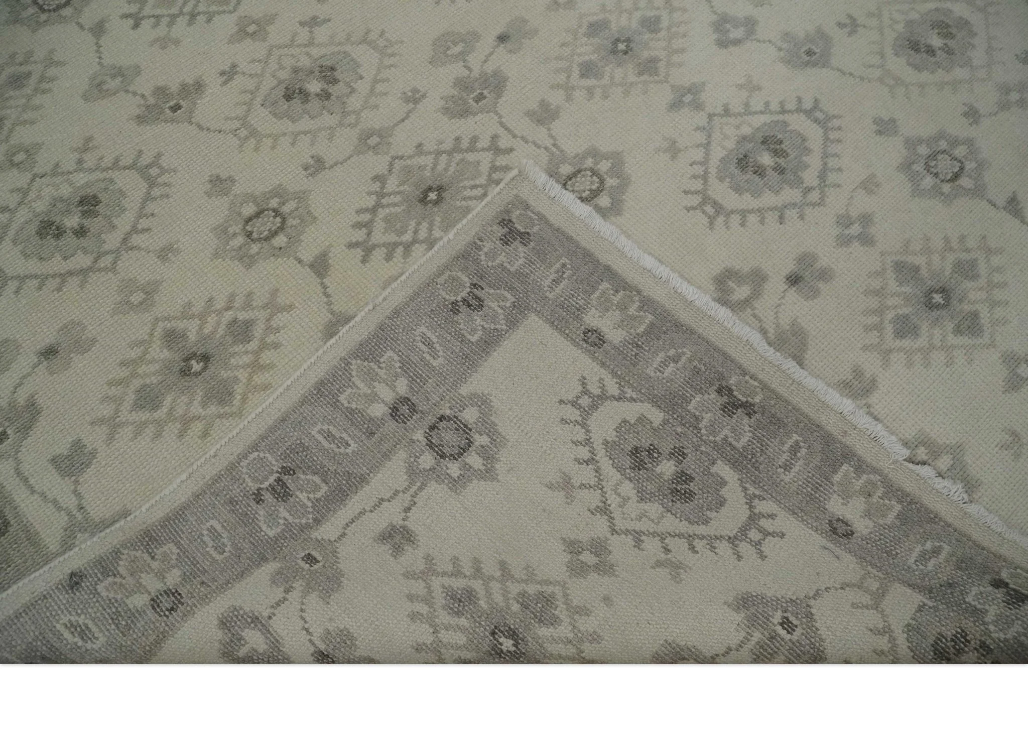 Custom Made Fine Hand Knotted Ivory and Charcoal Style Hand knotted Wool Area Rug - Image 8