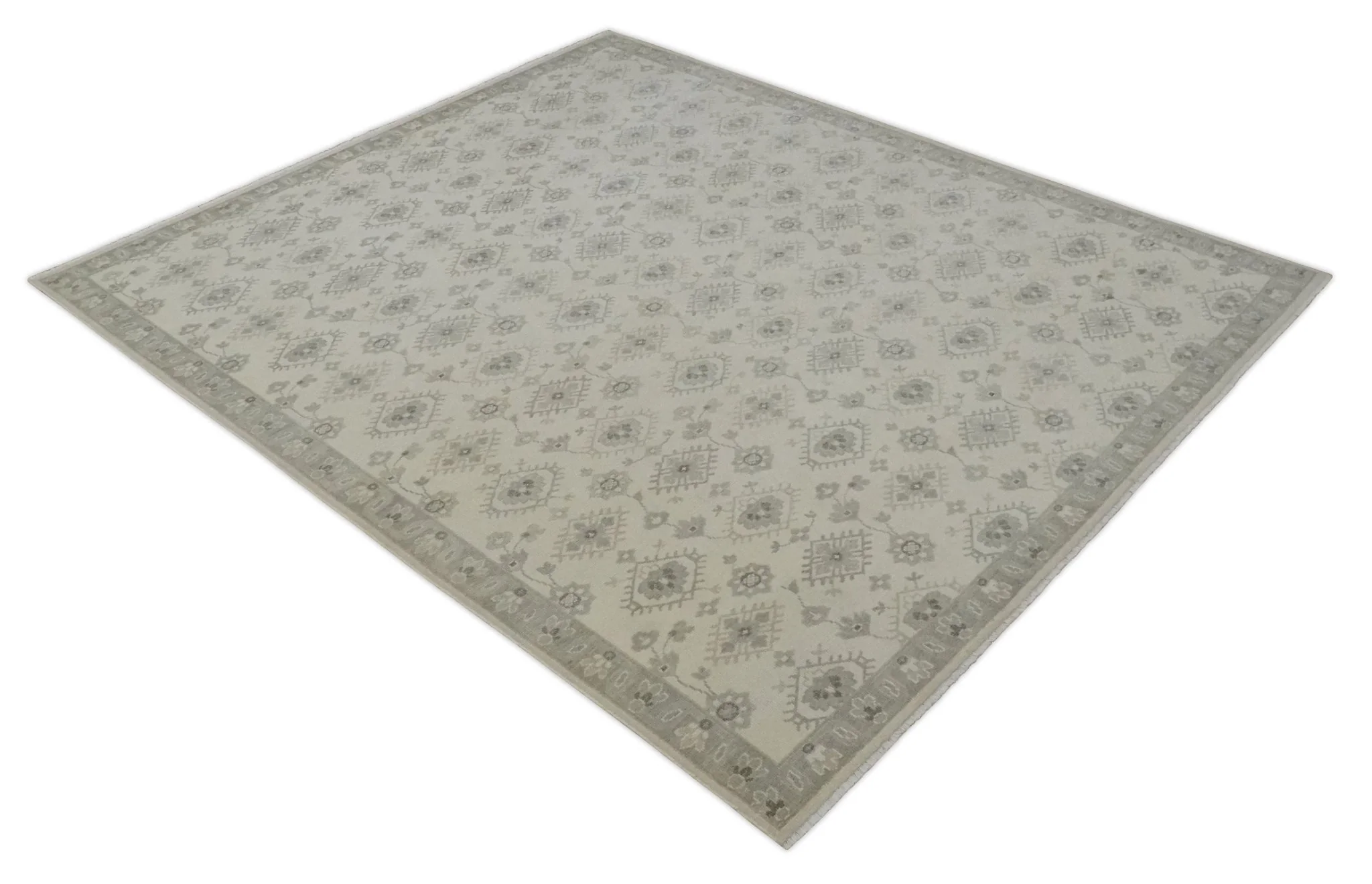 Custom Made Fine Hand Knotted Ivory and Charcoal Style Hand knotted Wool Area Rug - Image 9