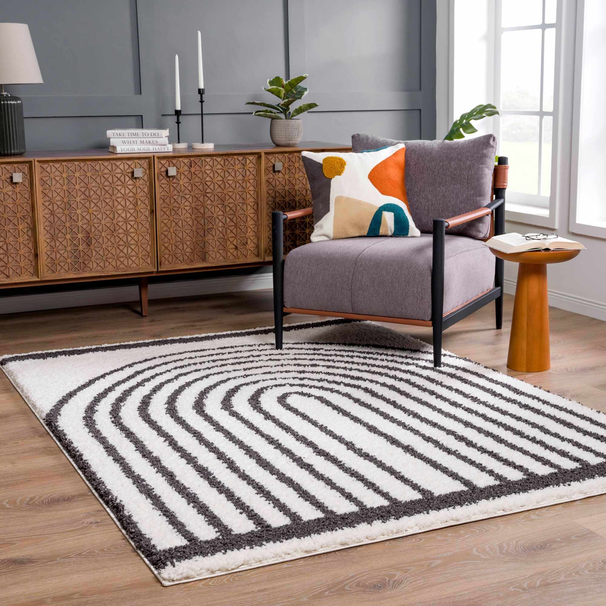Ivory and Charcoal Geometrical Moroccan Design Plush Pile Area Rug - Image 5