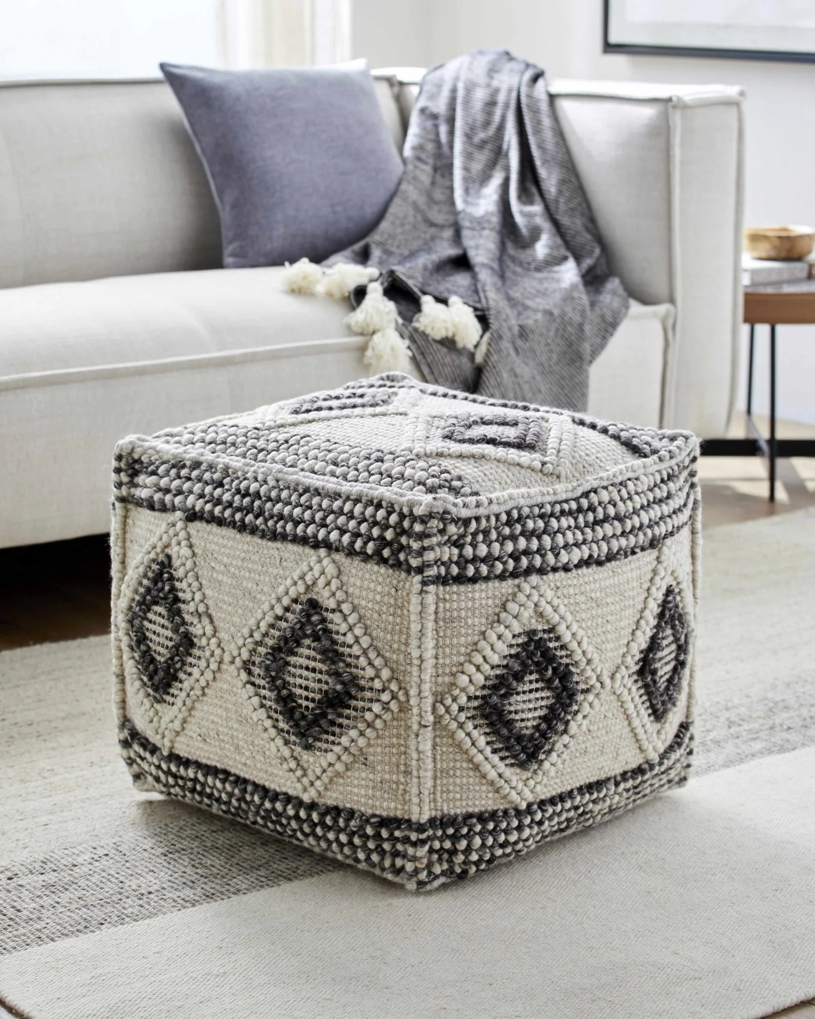 Hand Woven Ivory and Charcoal Geometrical Stripes Tasseled Design Pouf - Image 2