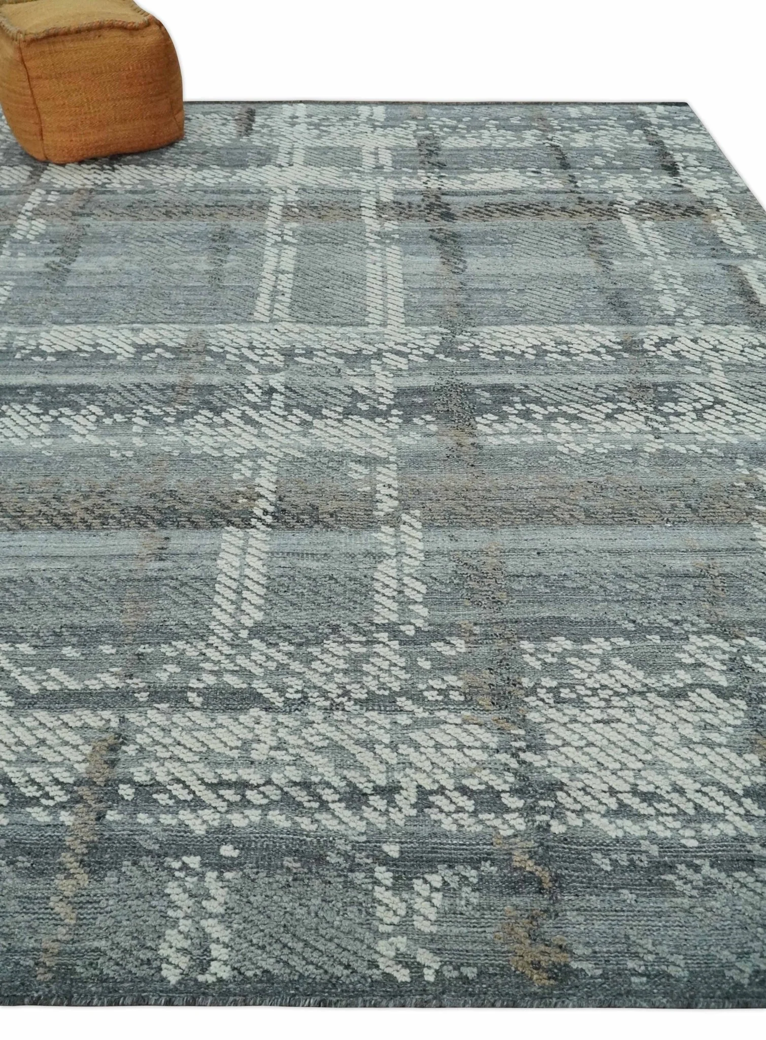 High-Low Ivory, Gray and Charcoal 8x10 hand knotted Contemporary wool Area rug - Image 3