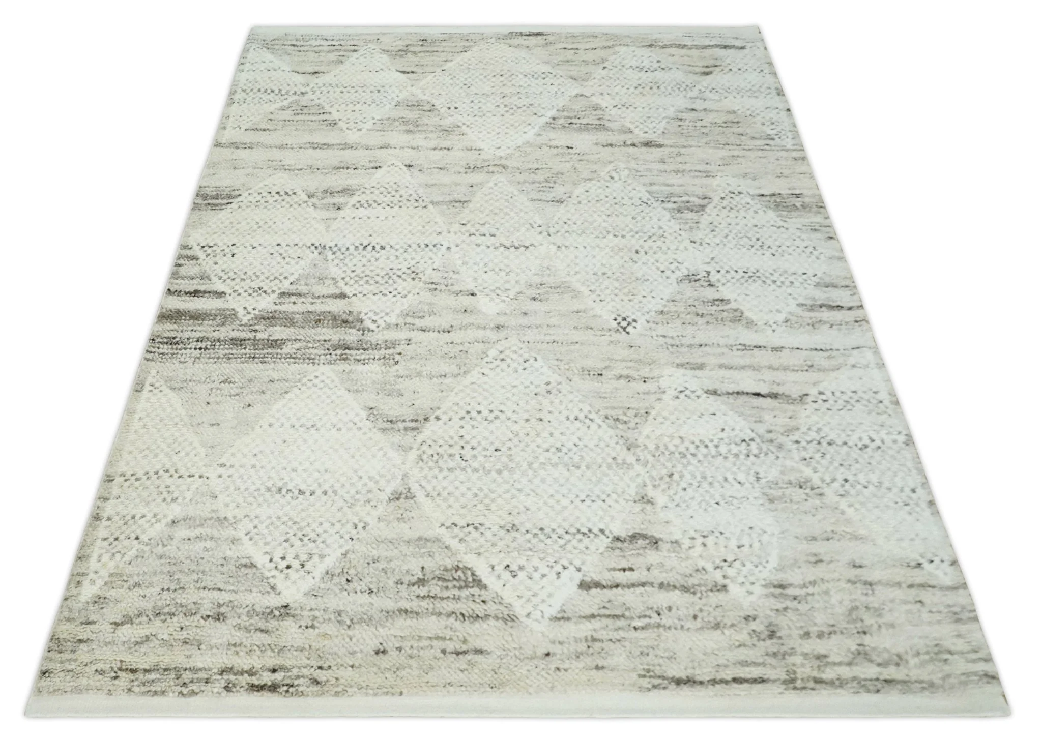Contemporary Woolen Ivory and Brown 8.4x10.5 hand knotted Geometrical Area rug - Image 10