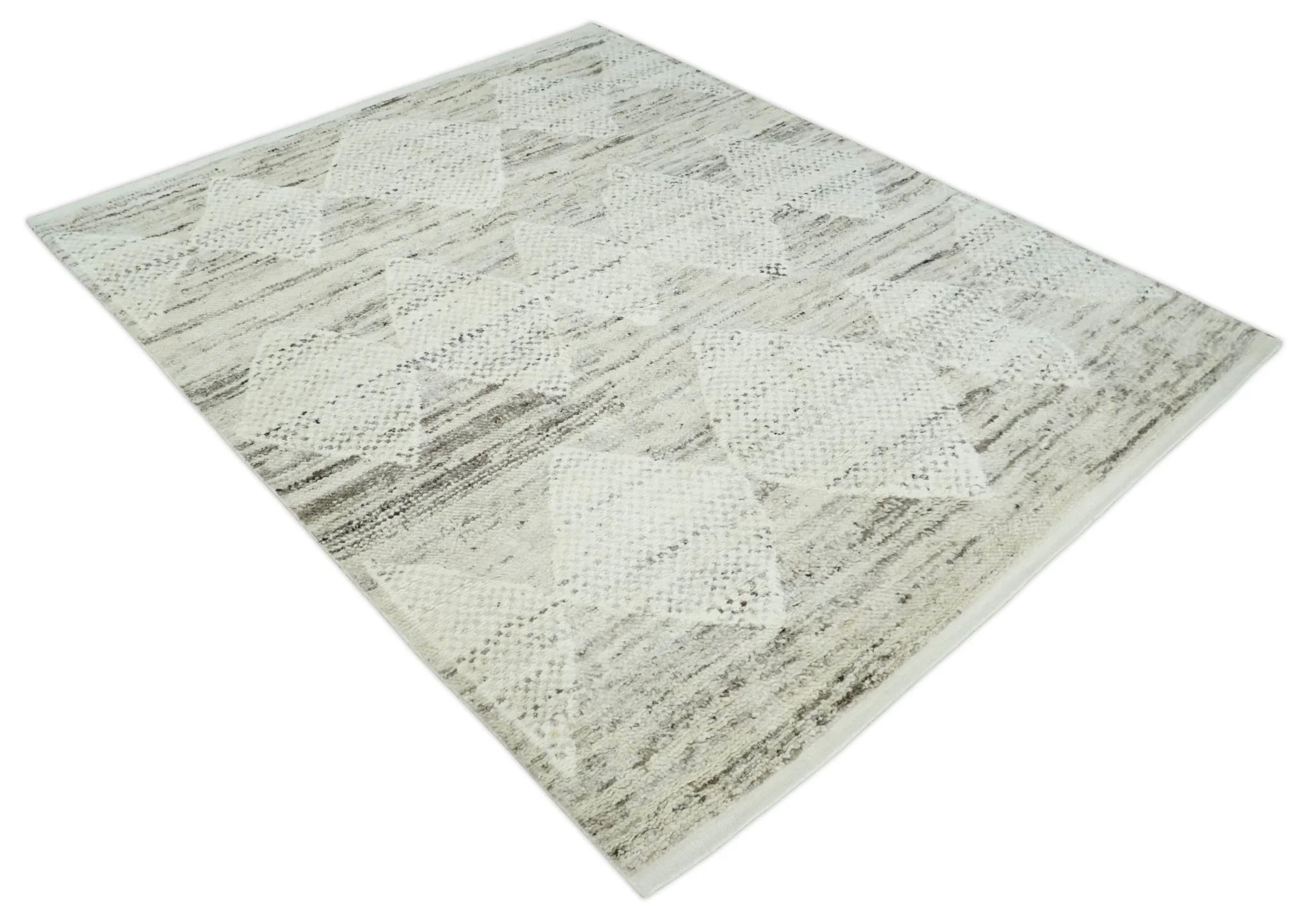 Contemporary Woolen Ivory and Brown 8.4x10.5 hand knotted Geometrical Area rug - Image 9