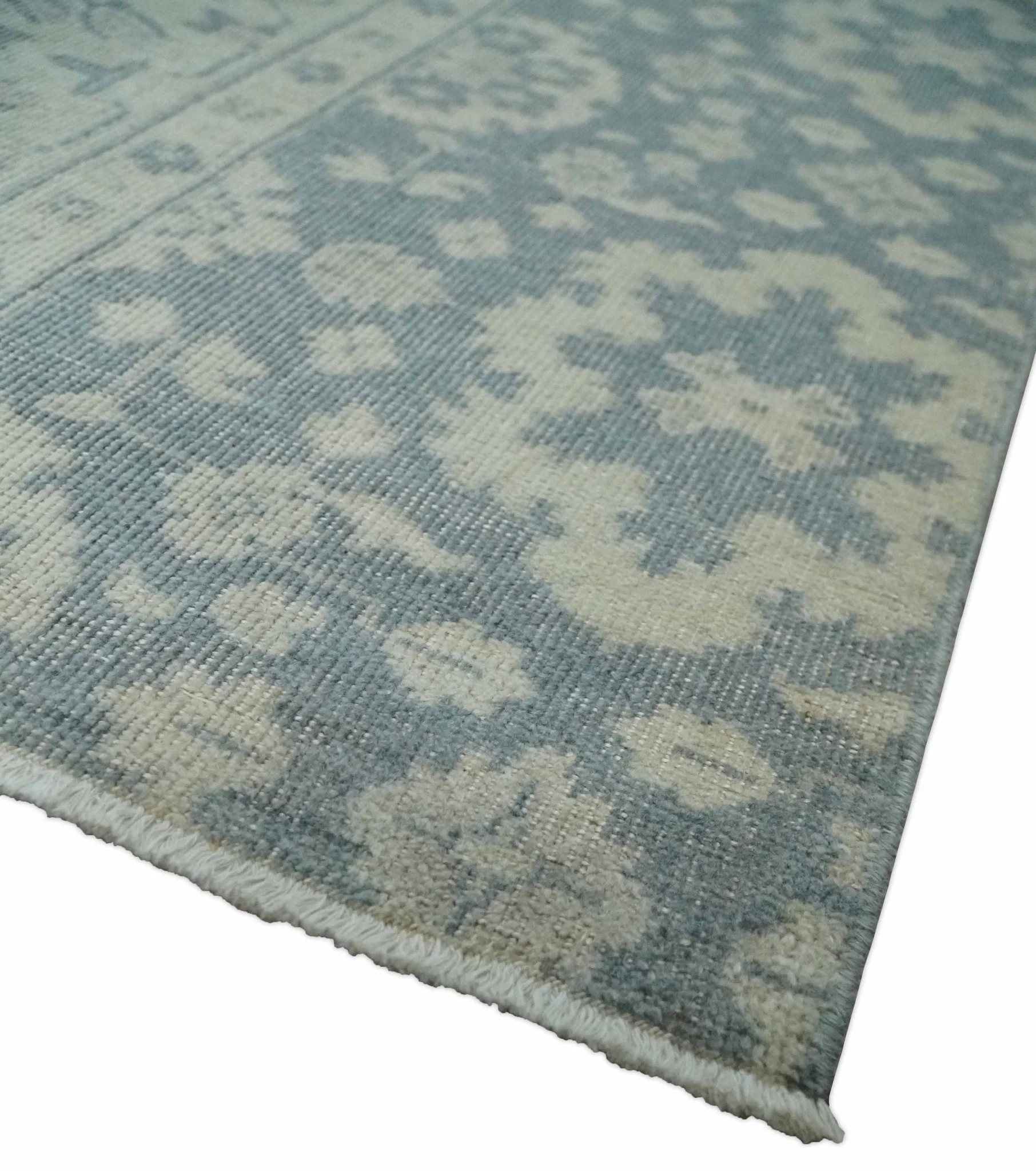 Antique Style Ivory and Charcoal Hand Knotted Traditional Oushak 2x4 wool Bedside Rug - Image 3