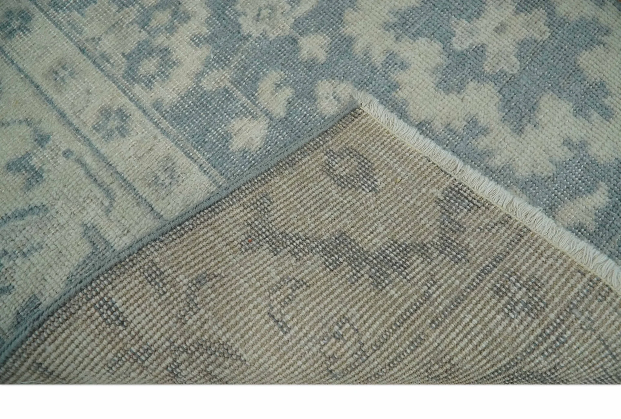 Antique Style Ivory and Charcoal Hand Knotted Traditional Oushak 2x4 wool Bedside Rug - Image 5