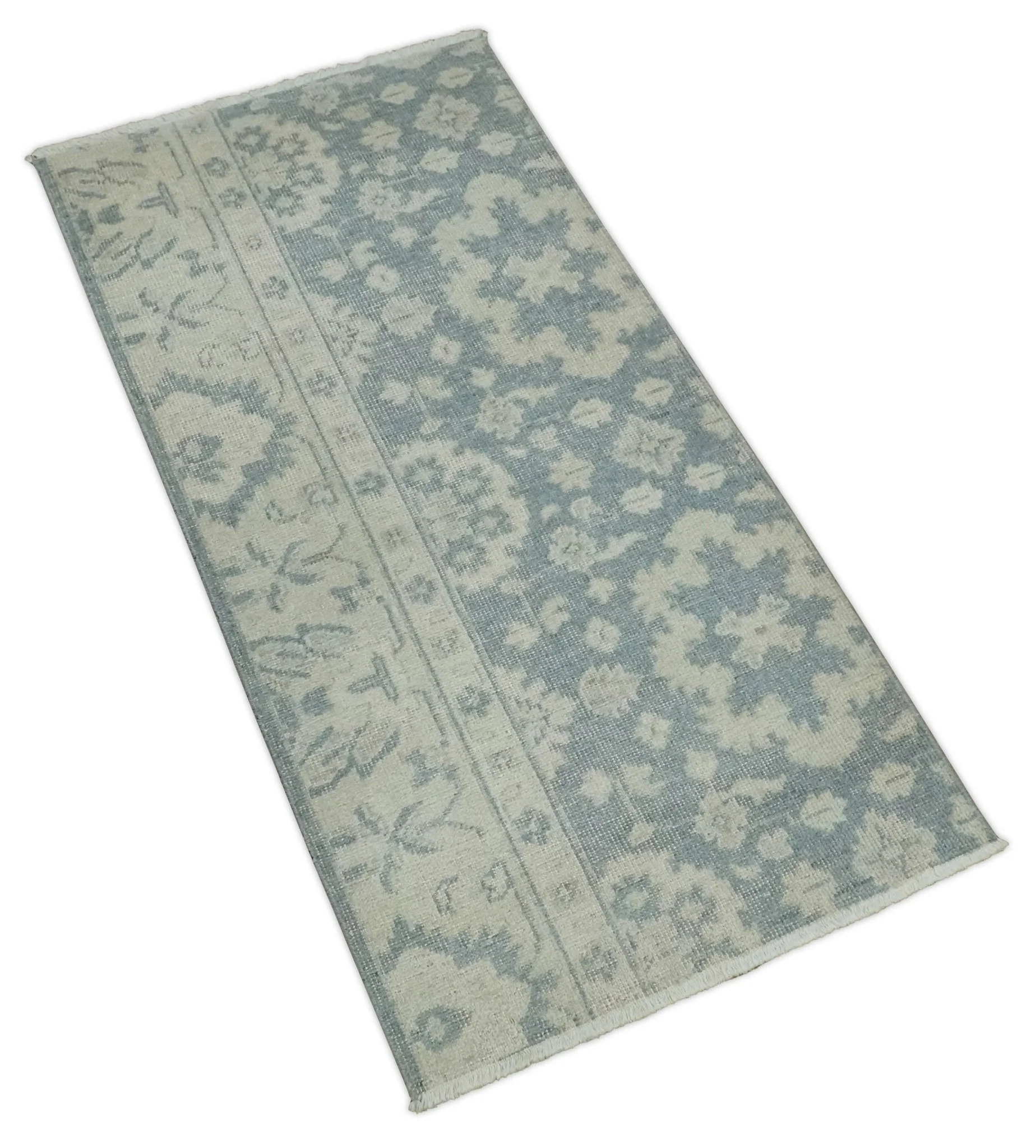 Antique Style Ivory and Charcoal Hand Knotted Traditional Oushak 2x4 wool Bedside Rug - Image 7