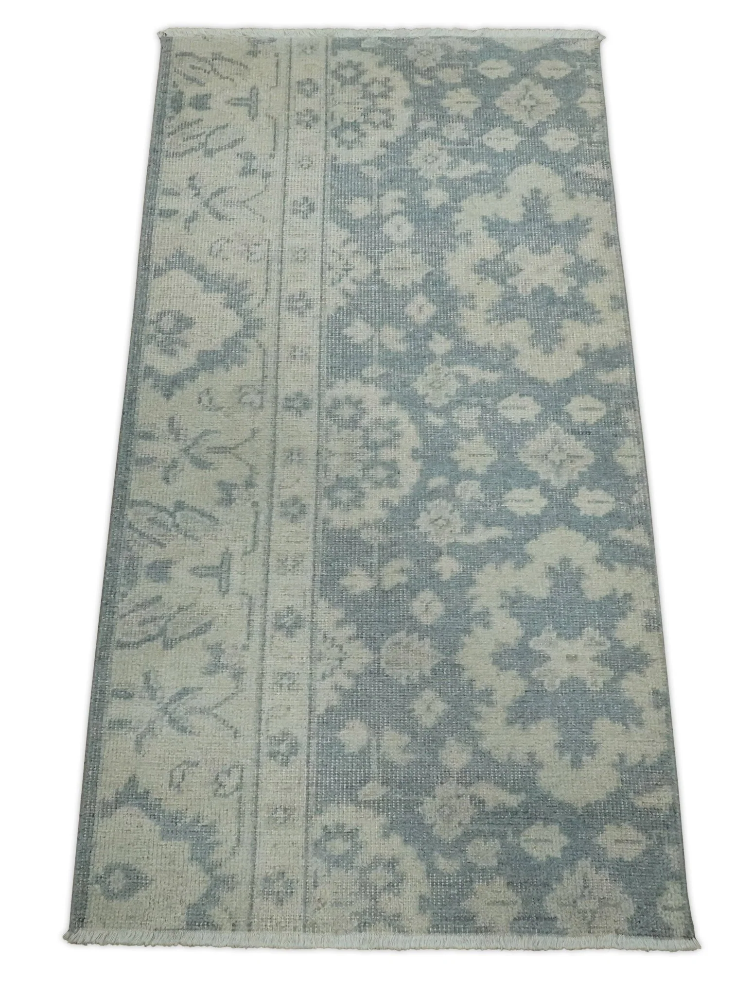 Antique Style Ivory and Charcoal Hand Knotted Traditional Oushak 2x4 wool Bedside Rug - Image 8