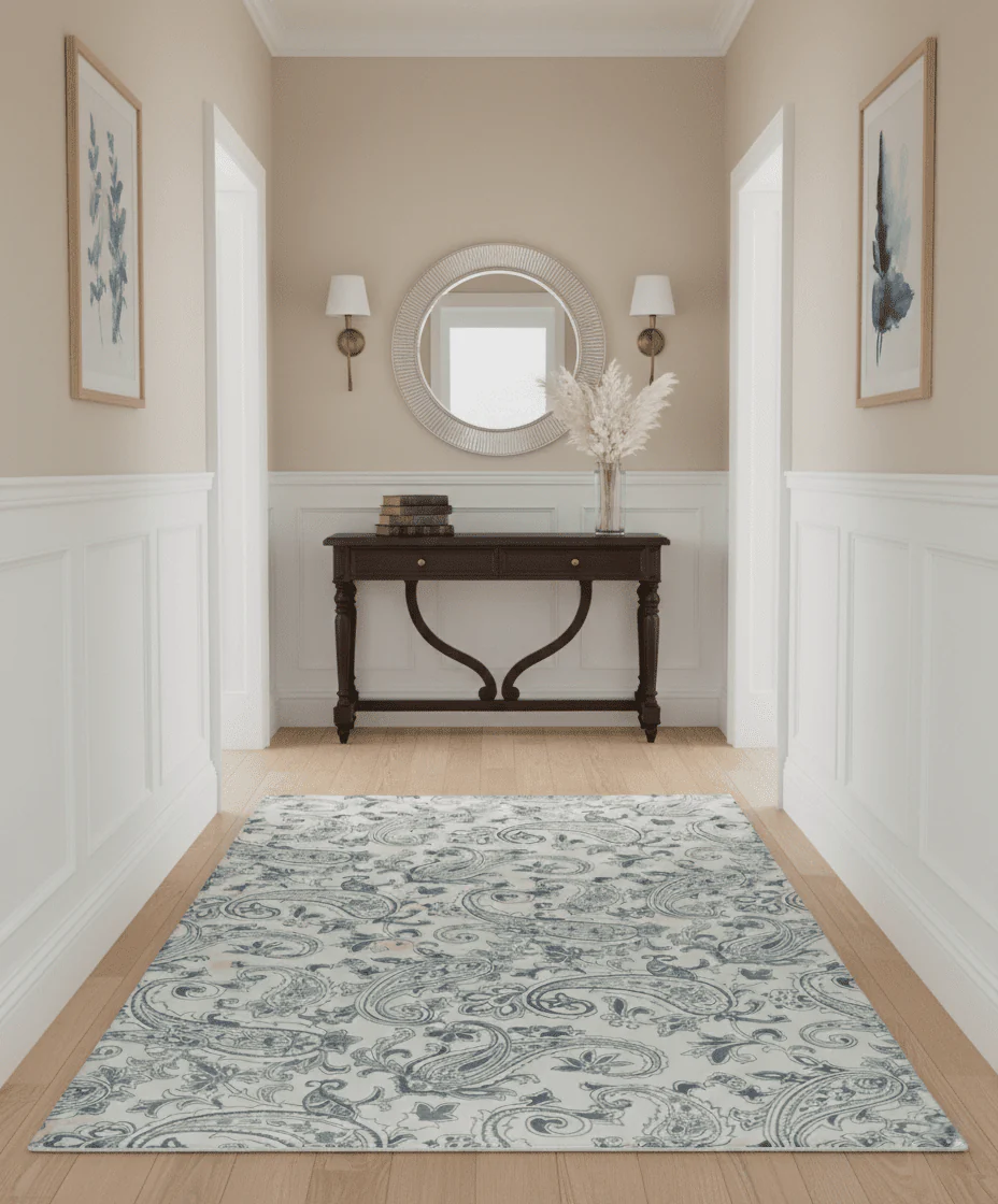 Premium Style Ivory and Charcoal Hand loom 5.6x8 Boteh Design Viscose Area Rug - Image 2