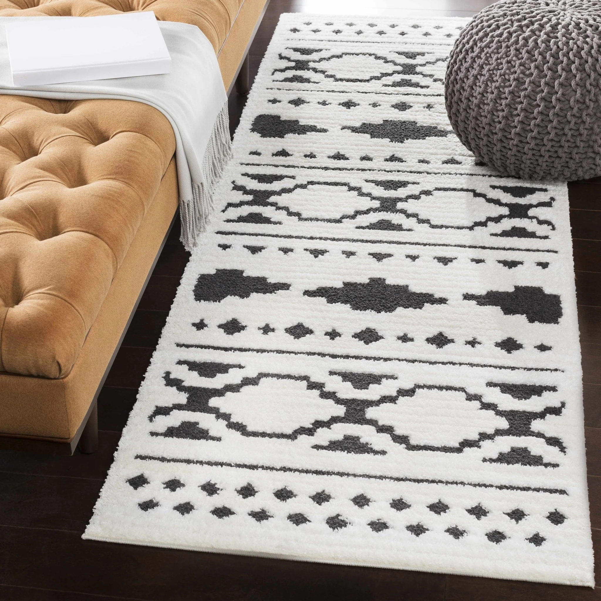 Ivory and Charcoal High low Texture Tribal Design Area Rug - Image 6