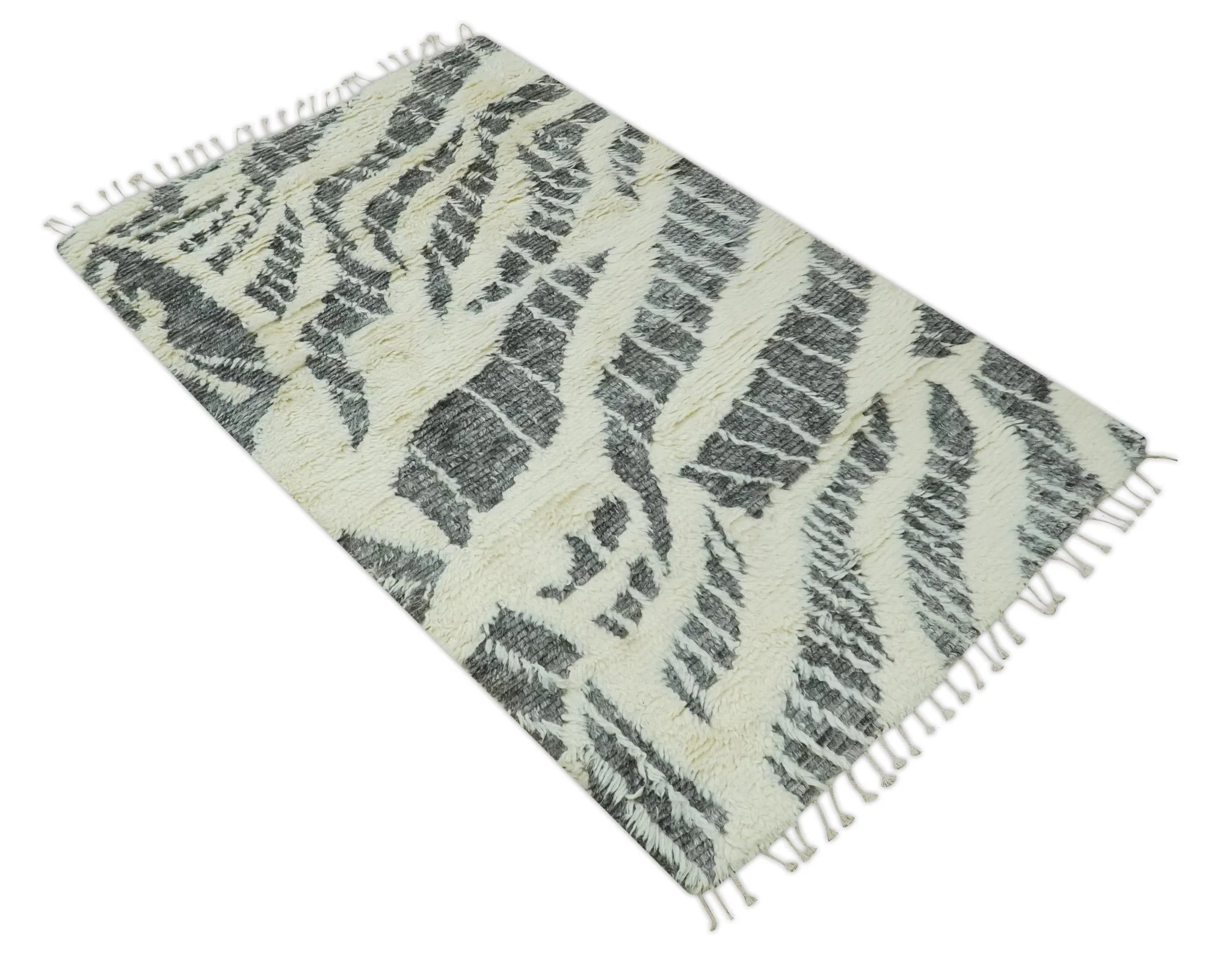 Modern Abstract 5x8 Ivory and Charcoal Texture Moroccan Style Plush Pile wool Rug - Image 10
