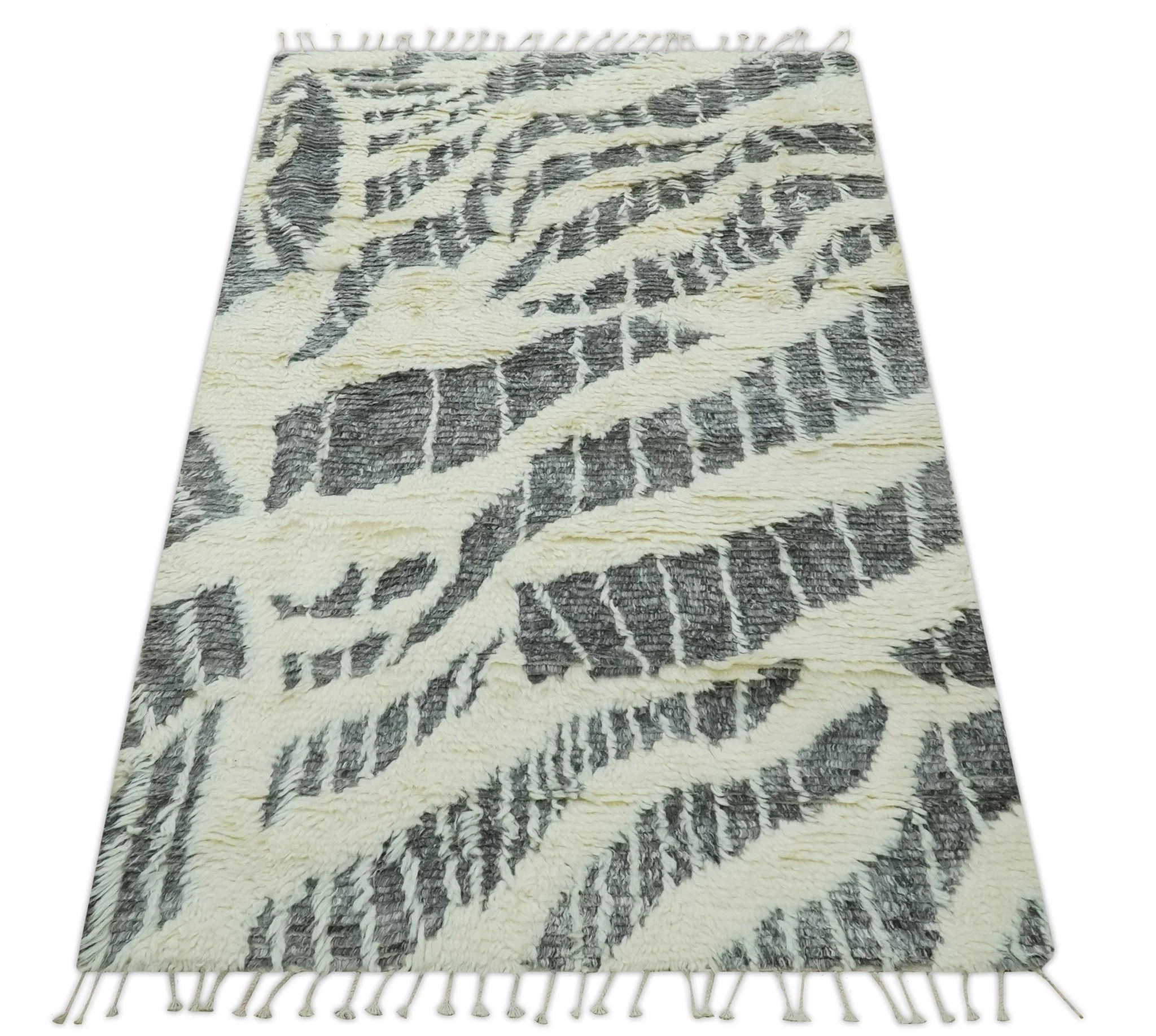 Modern Abstract 5x8 Ivory and Charcoal Texture Moroccan Style Plush Pile wool Rug - Image 11