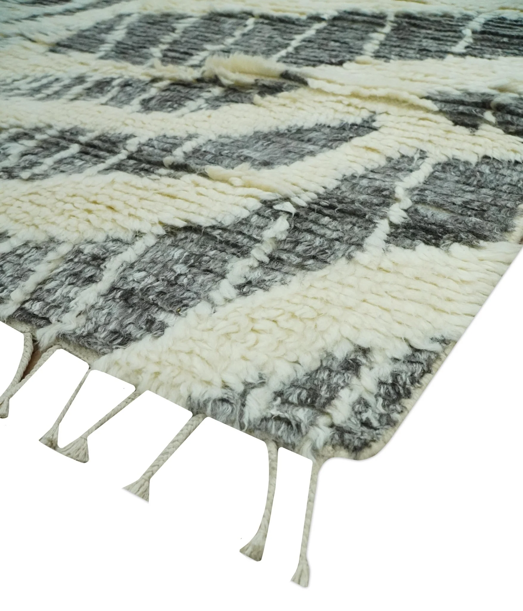 Modern Abstract 5x8 Ivory and Charcoal Texture Moroccan Style Plush Pile wool Rug - Image 6