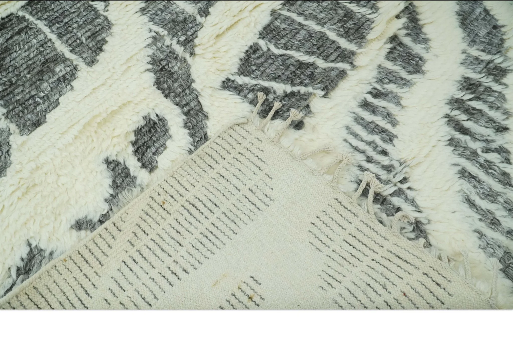 Modern Abstract 5x8 Ivory and Charcoal Texture Moroccan Style Plush Pile wool Rug - Image 8