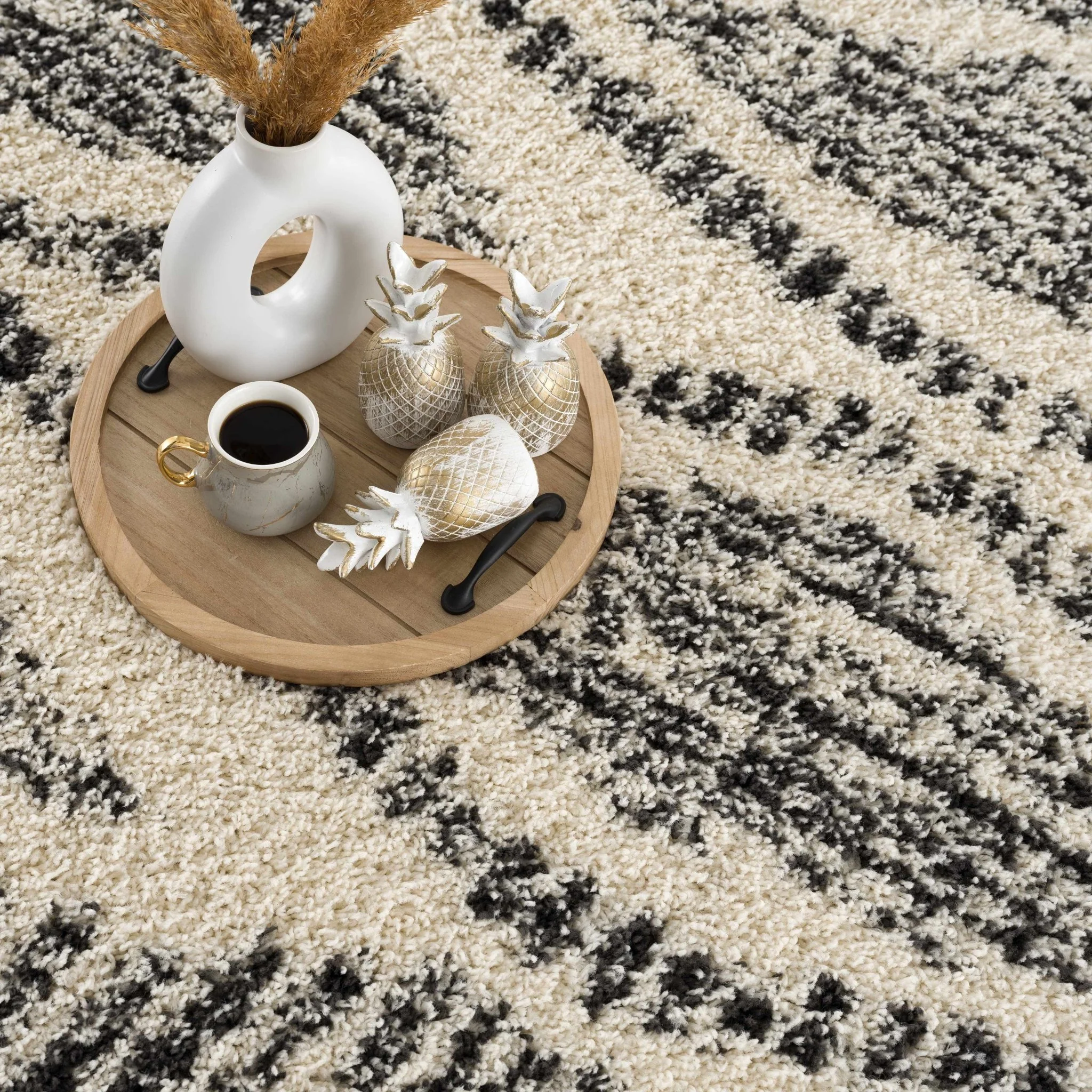Modern Geometrical Ivory and Charcoal Plush Pile Moroccan Style Area Rug - Image 14
