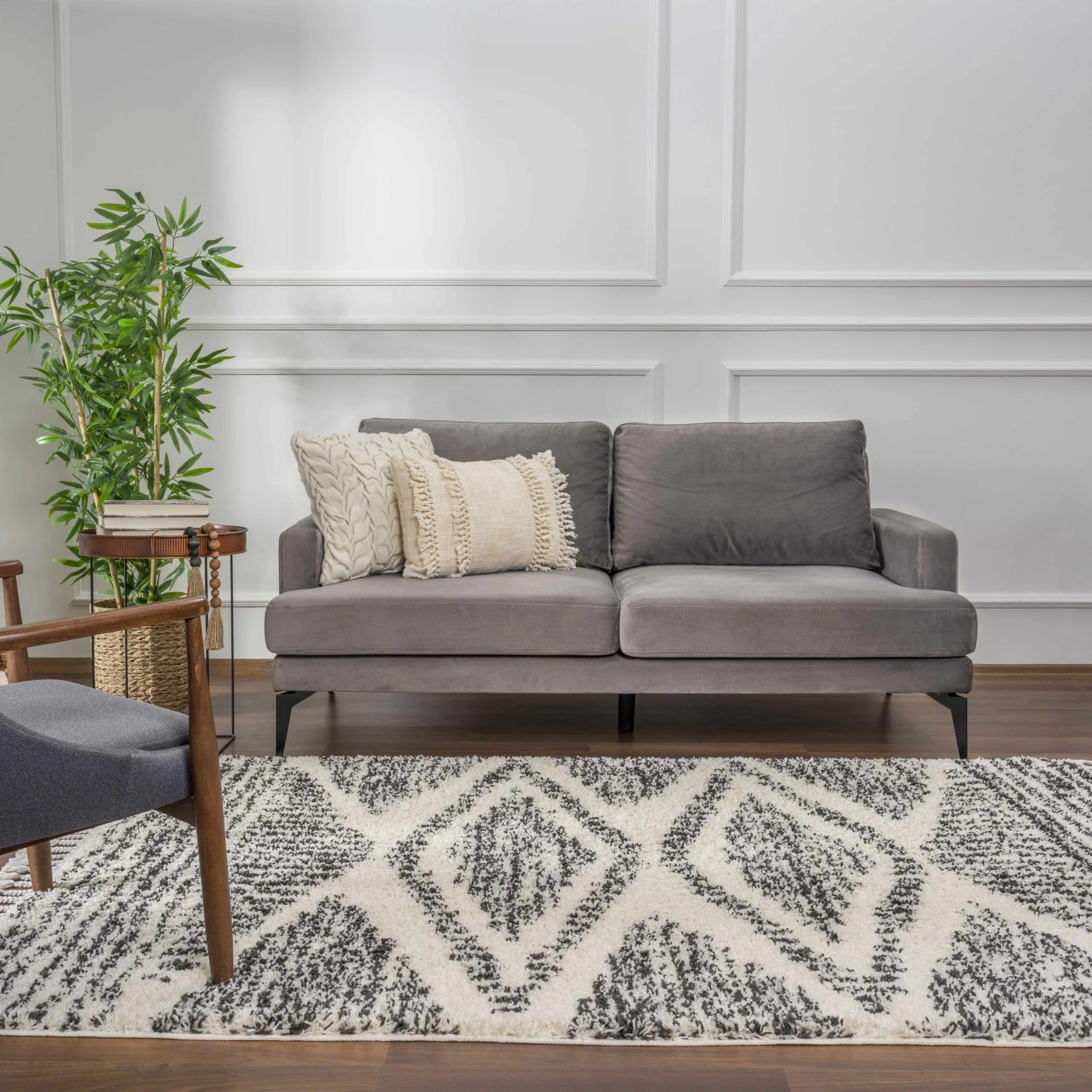 Modern Geometrical Ivory and Charcoal Plush Pile Moroccan Style Area Rug - Image 15