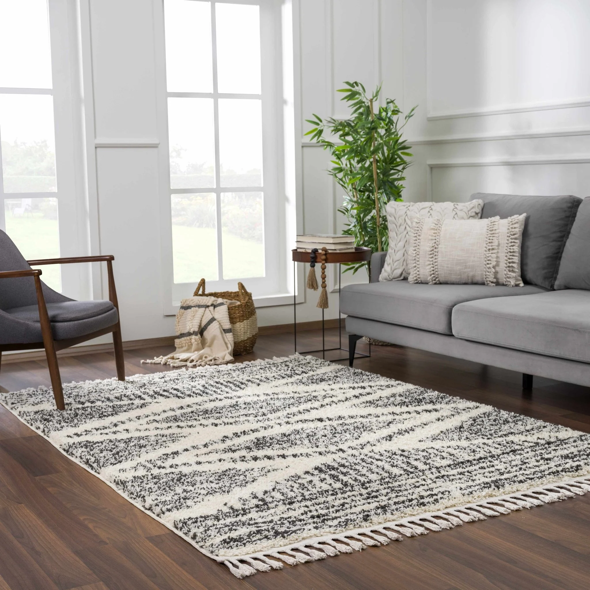 Modern Geometrical Ivory and Charcoal Plush Pile Moroccan Style Area Rug - Image 17
