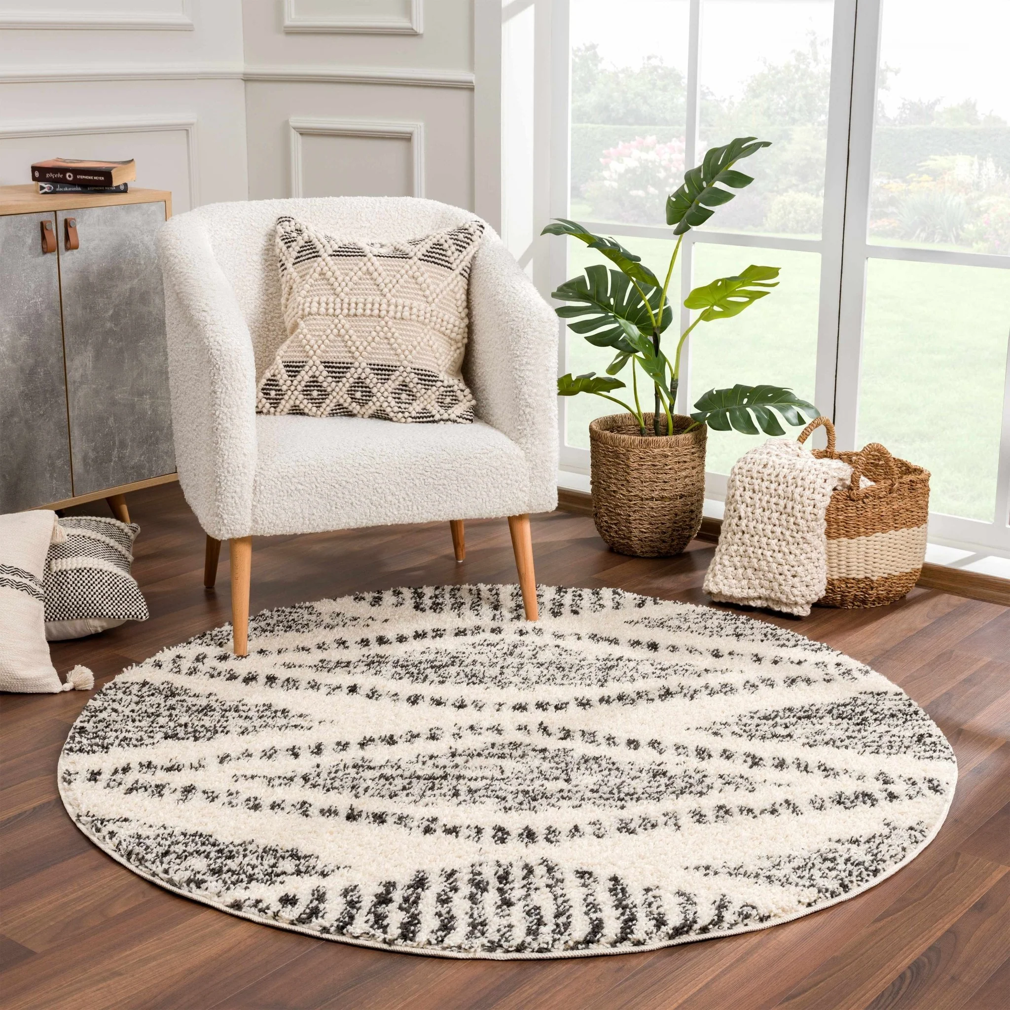 Modern Geometrical Ivory and Charcoal Plush Pile Moroccan Style Area Rug - Image 3
