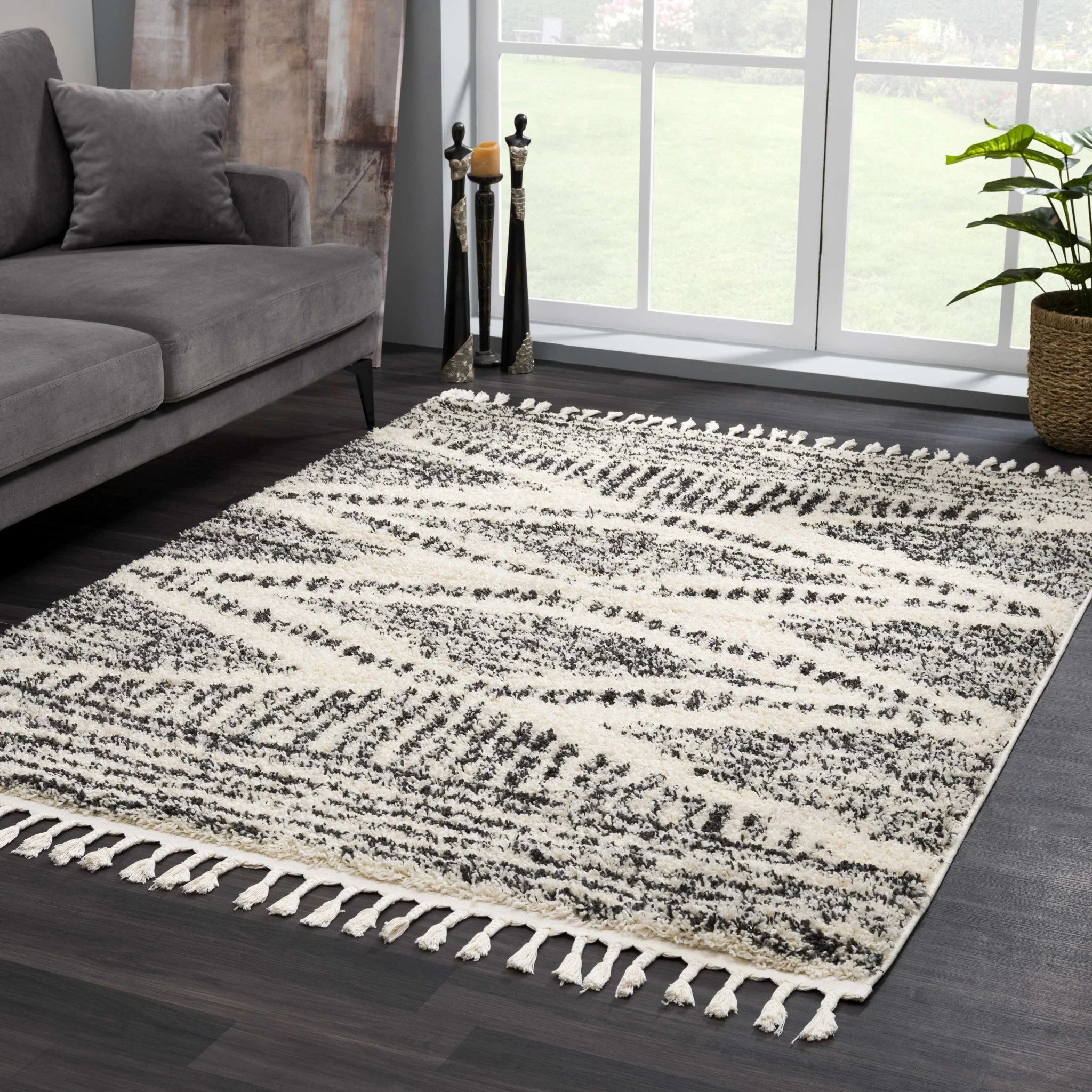 Modern Geometrical Ivory and Charcoal Plush Pile Moroccan Style Area Rug - Image 6