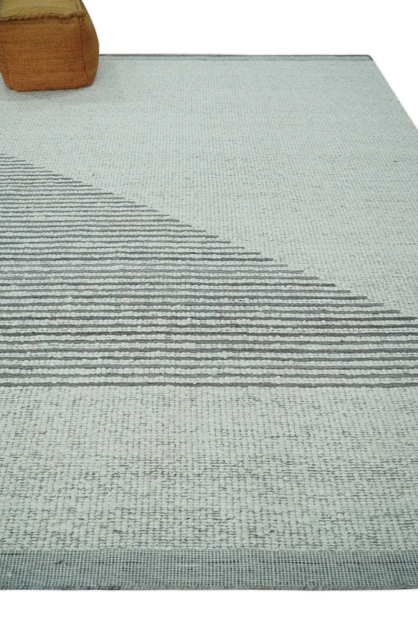 Ivory and Charcoal Traditional Stripes Hand Knotted 8x10 Wool Area Rug - Image 3