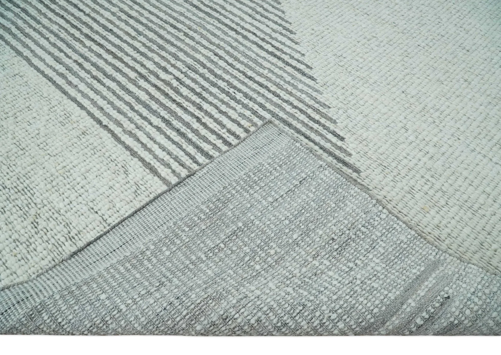 Ivory and Charcoal Traditional Stripes Hand Knotted 8x10 Wool Area Rug - Image 6