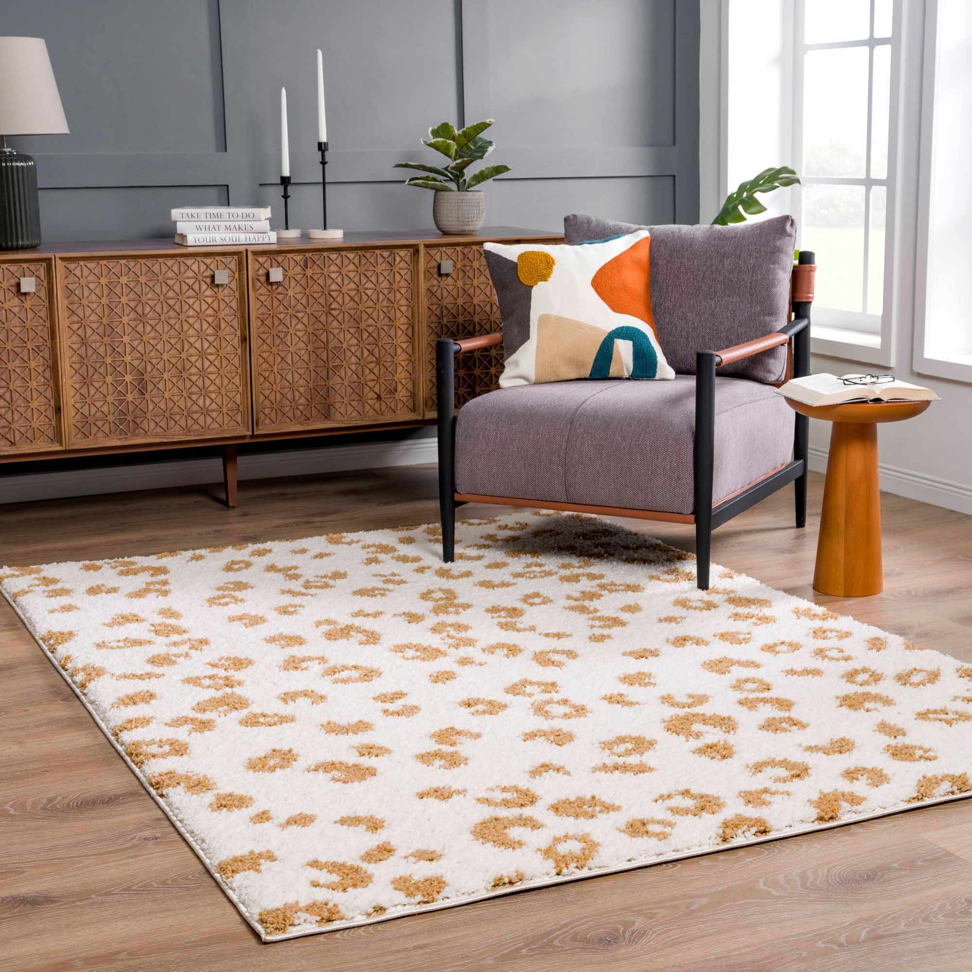 Modern Ivory and Gold Leopard Print Plush Pile Moroccan Style Area Rug - Image 2