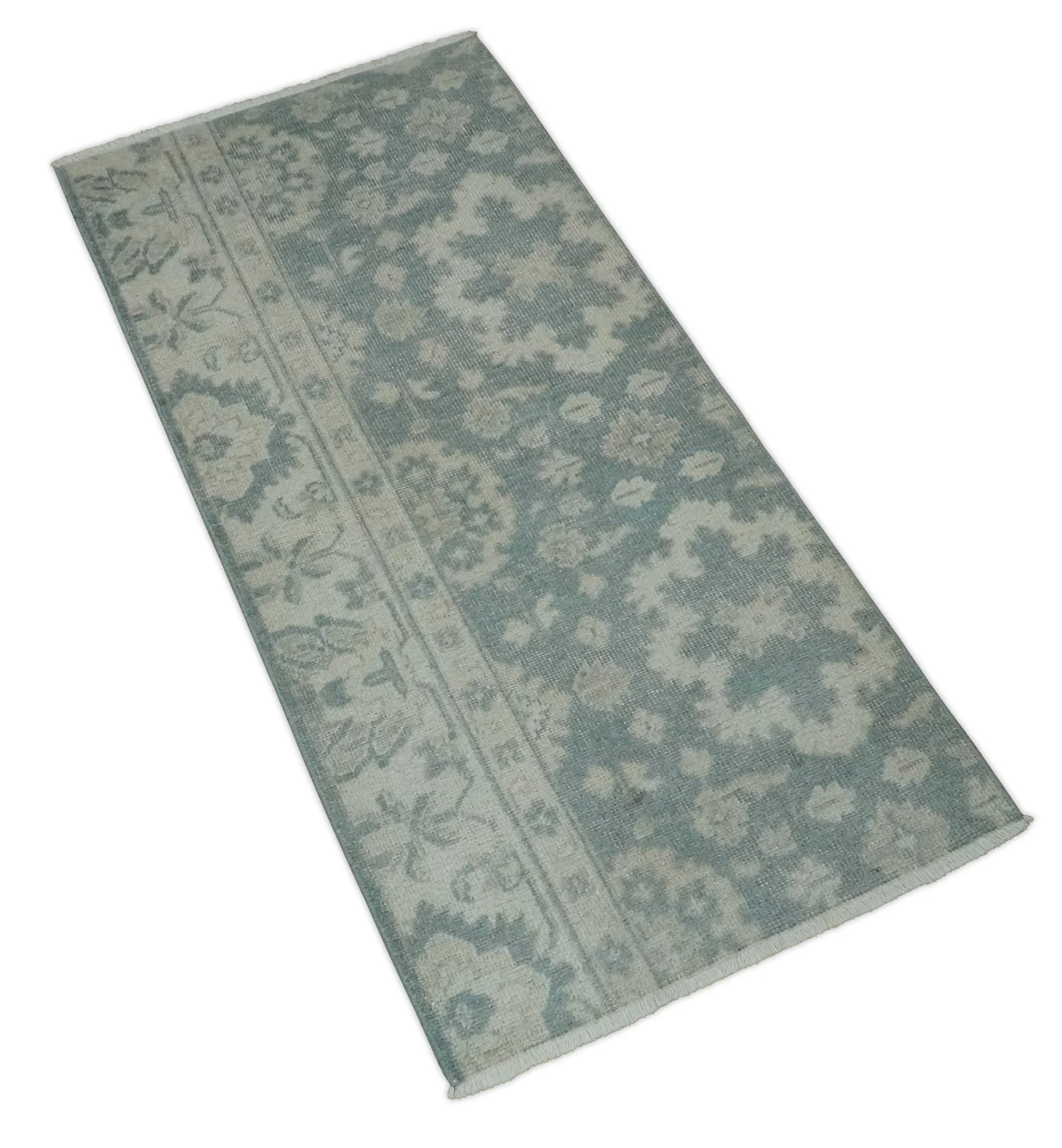 Antique Style Ivory and Gray Hand Knotted Traditional Oushak 2x4 wool Bedside Rug - Image 7