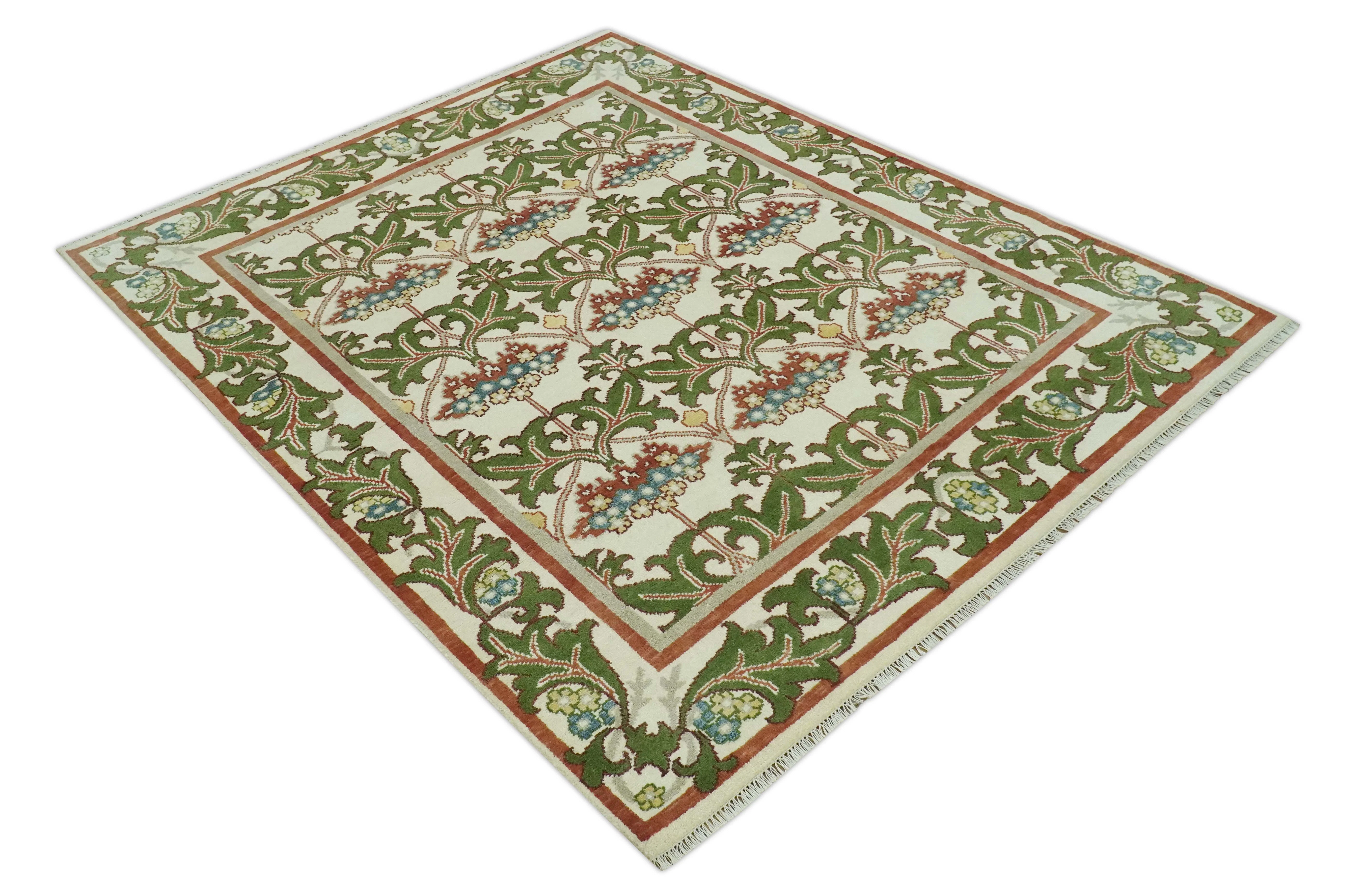 Hand Knotted Ivory and Green Floral Traditional Antique Style Wool Area Rug - Image 10