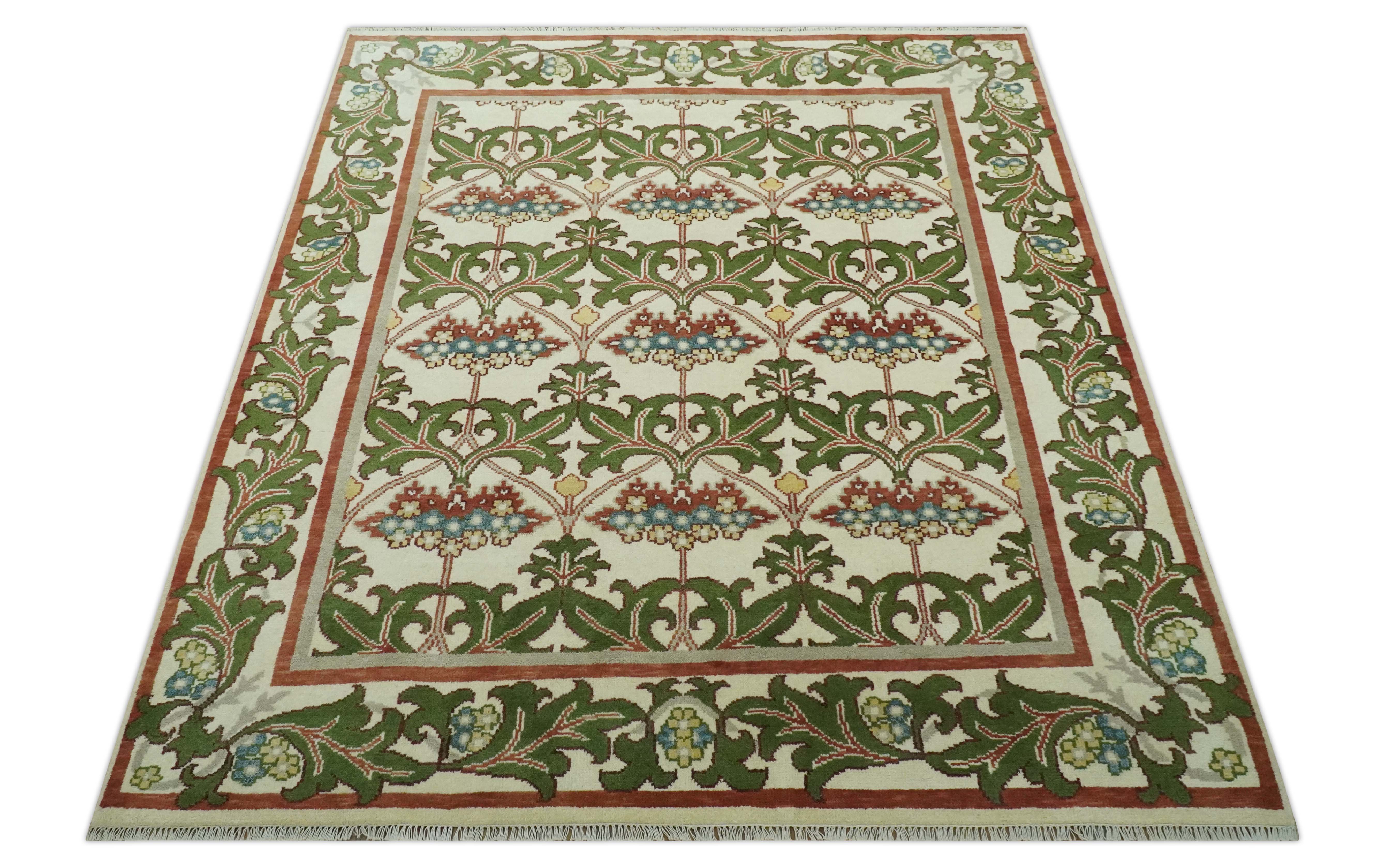 Hand Knotted Ivory and Green Floral Traditional Antique Style Wool Area Rug - Image 11