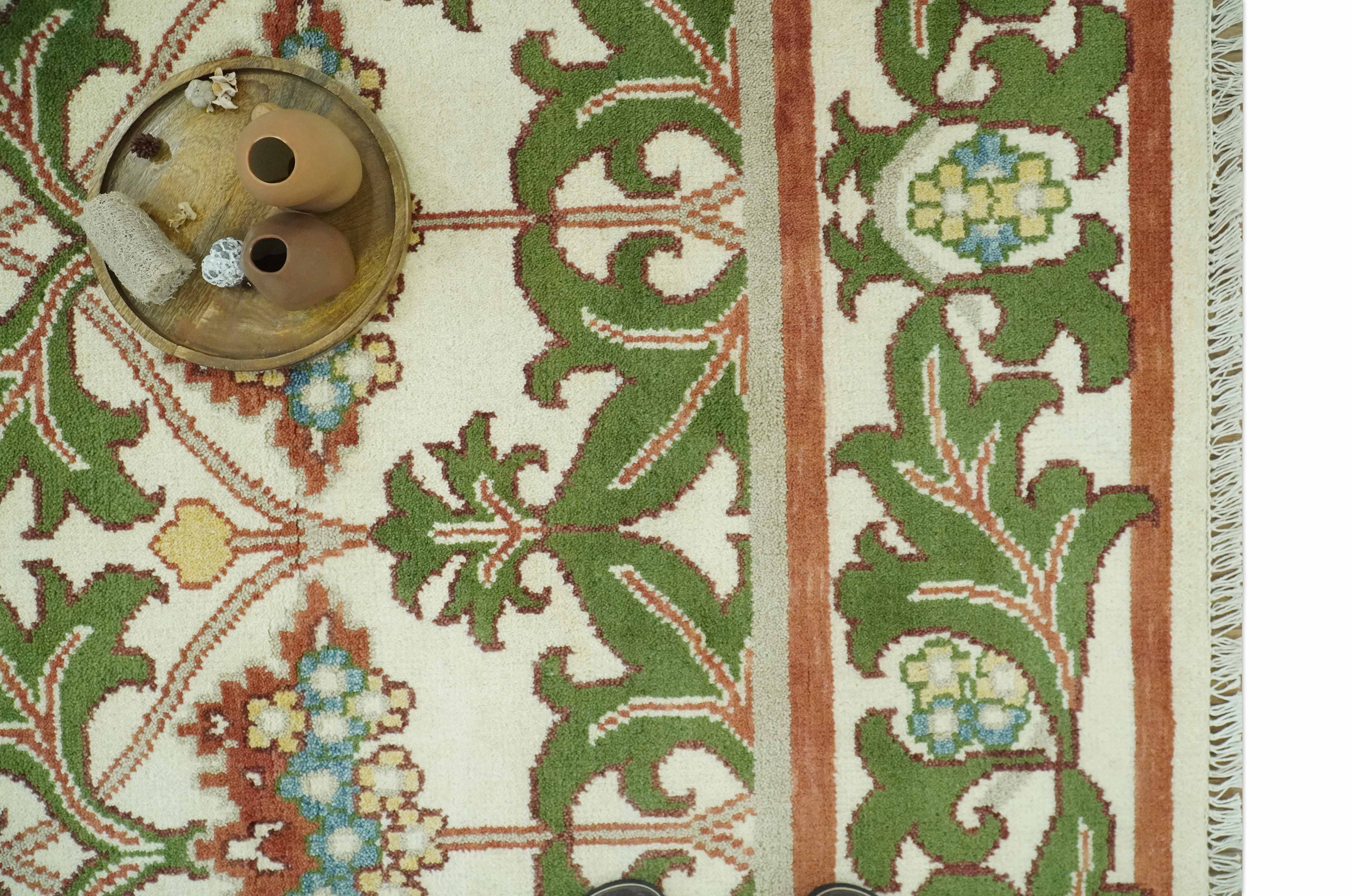 Hand Knotted Ivory and Green Floral Traditional Antique Style Wool Area Rug - Image 12