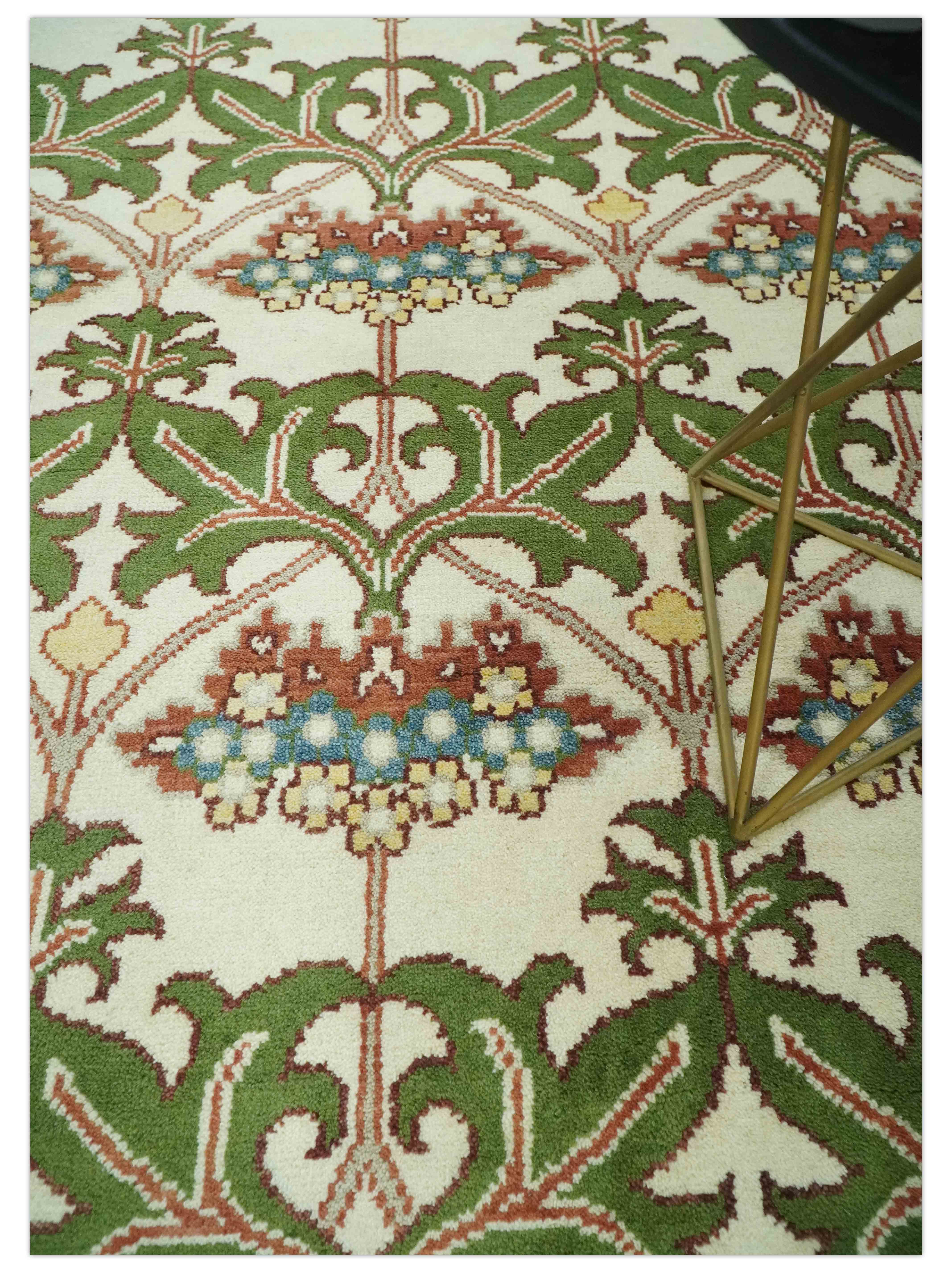 Hand Knotted Ivory and Green Floral Traditional Antique Style Wool Area Rug - Image 2