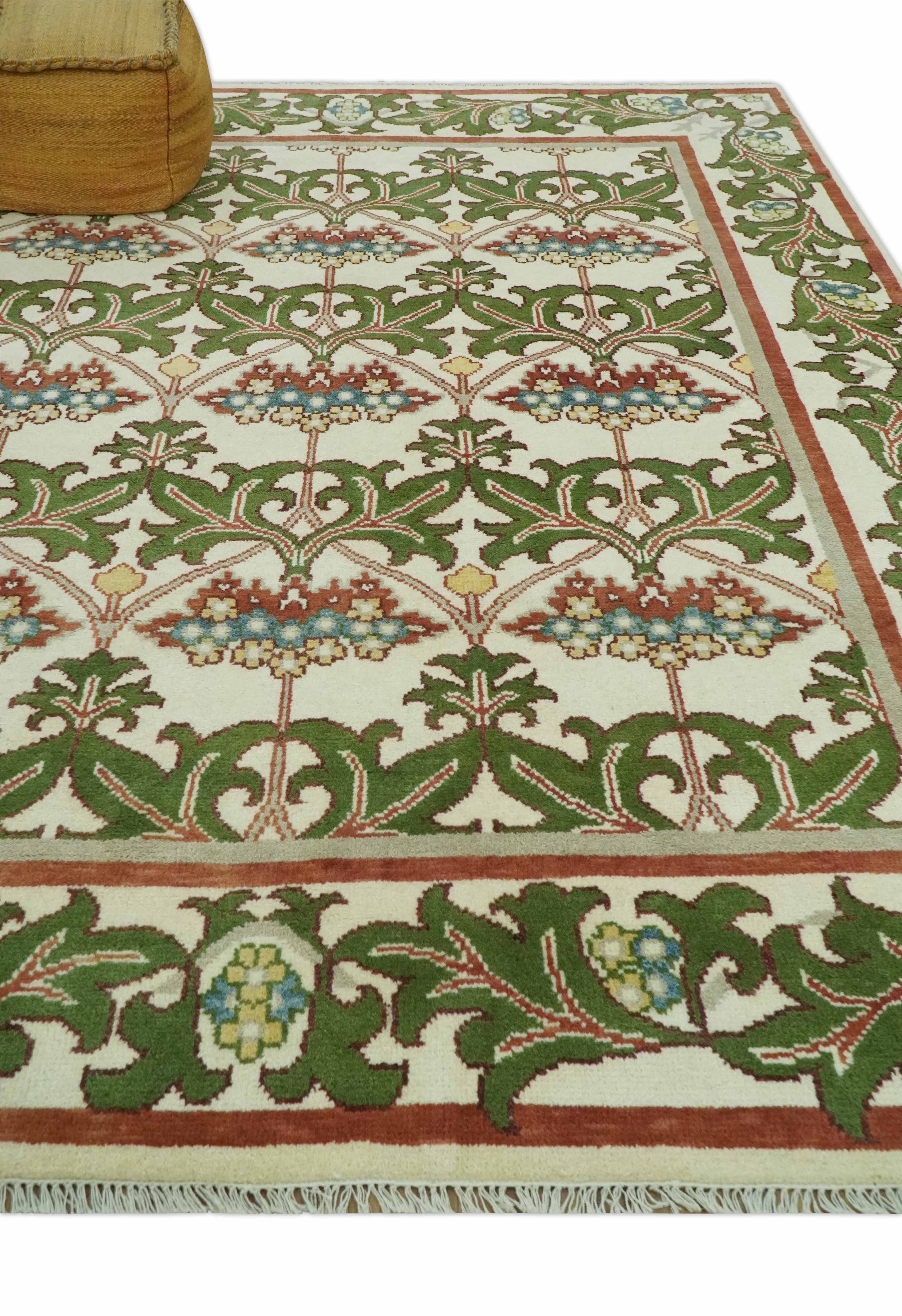 Hand Knotted Ivory and Green Floral Traditional Antique Style Wool Area Rug - Image 3