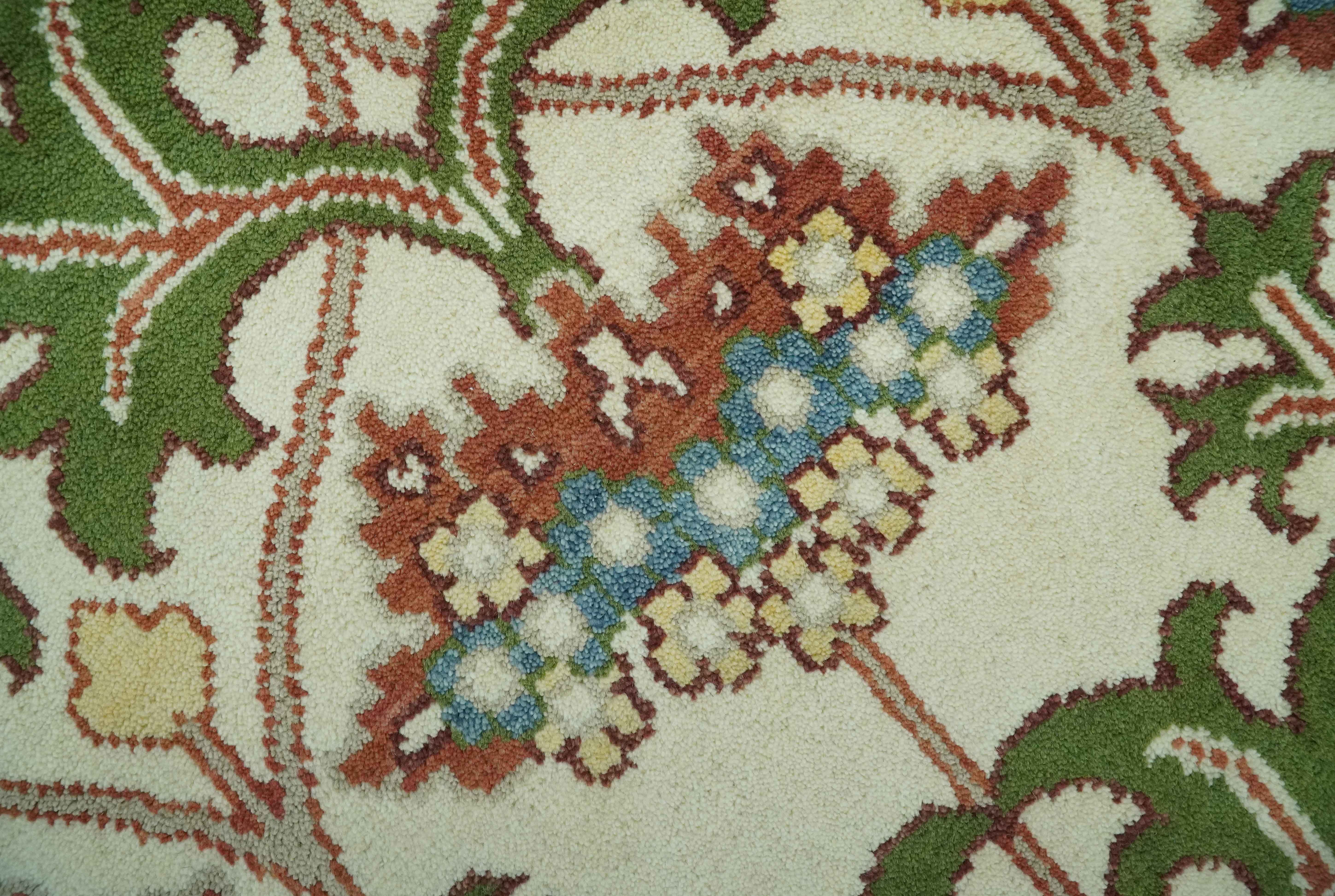 Hand Knotted Ivory and Green Floral Traditional Antique Style Wool Area Rug - Image 4