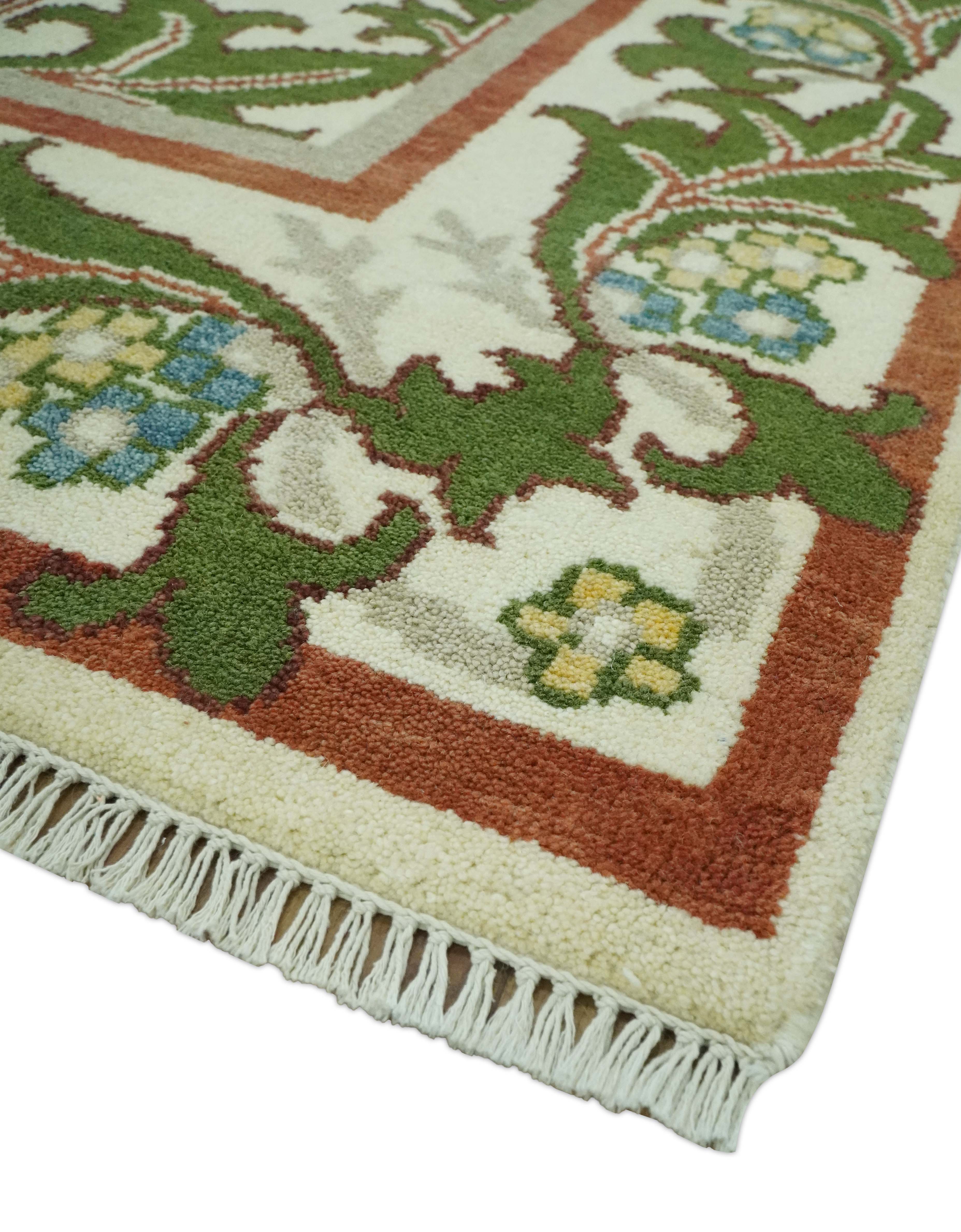 Hand Knotted Ivory and Green Floral Traditional Antique Style Wool Area Rug - Image 5
