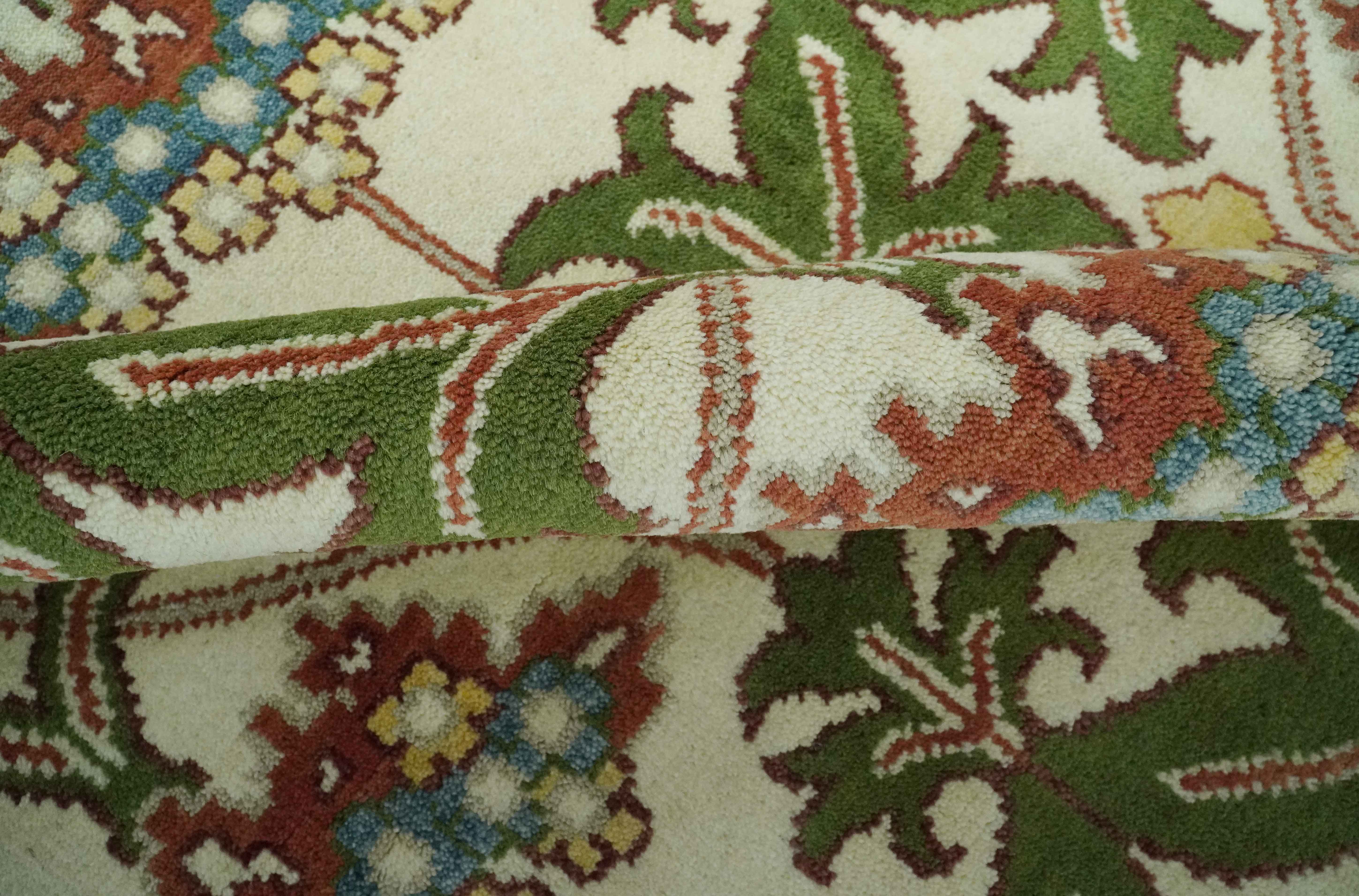 Hand Knotted Ivory and Green Floral Traditional Antique Style Wool Area Rug - Image 6