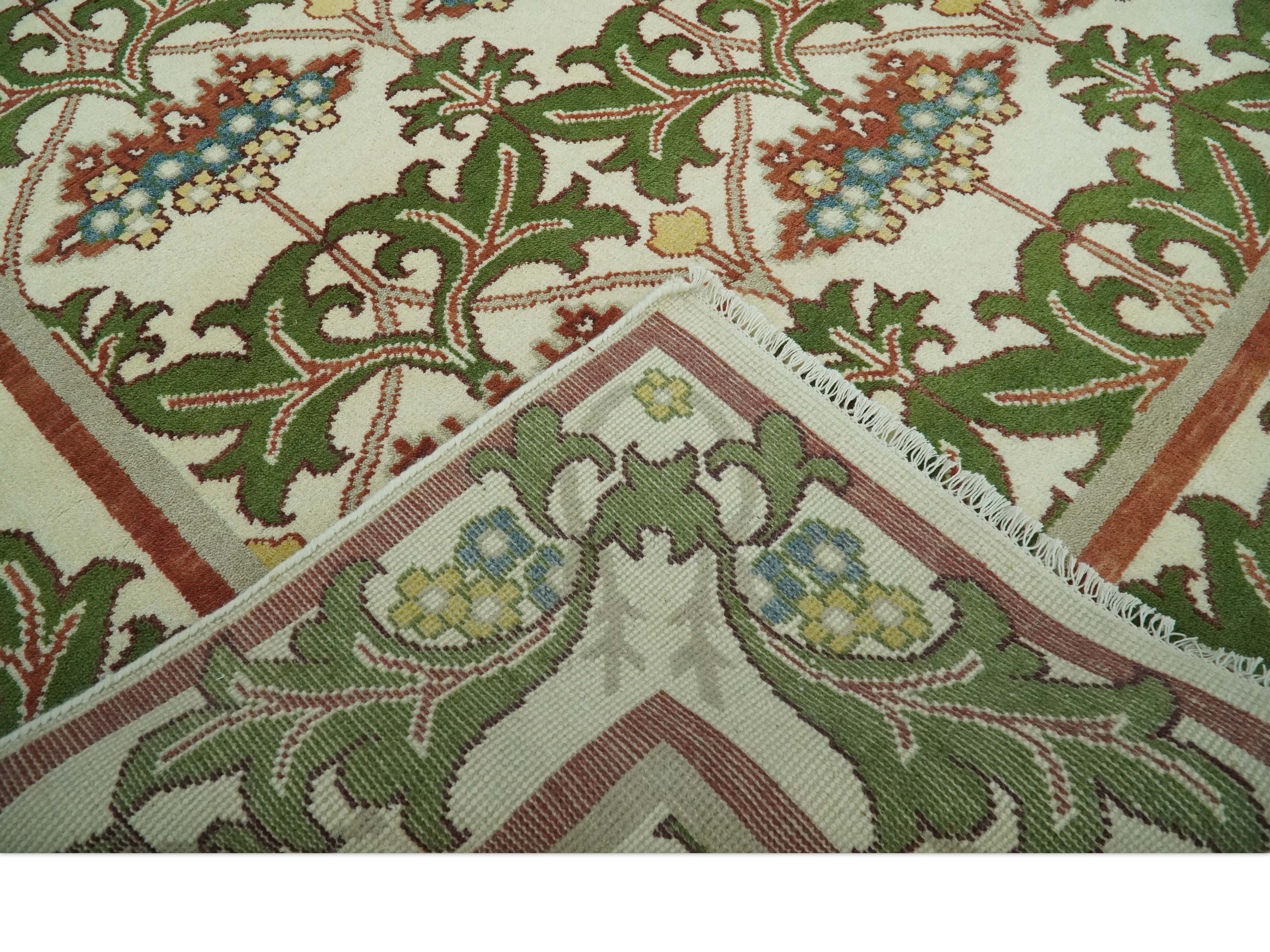 Hand Knotted Ivory and Green Floral Traditional Antique Style Wool Area Rug - Image 7