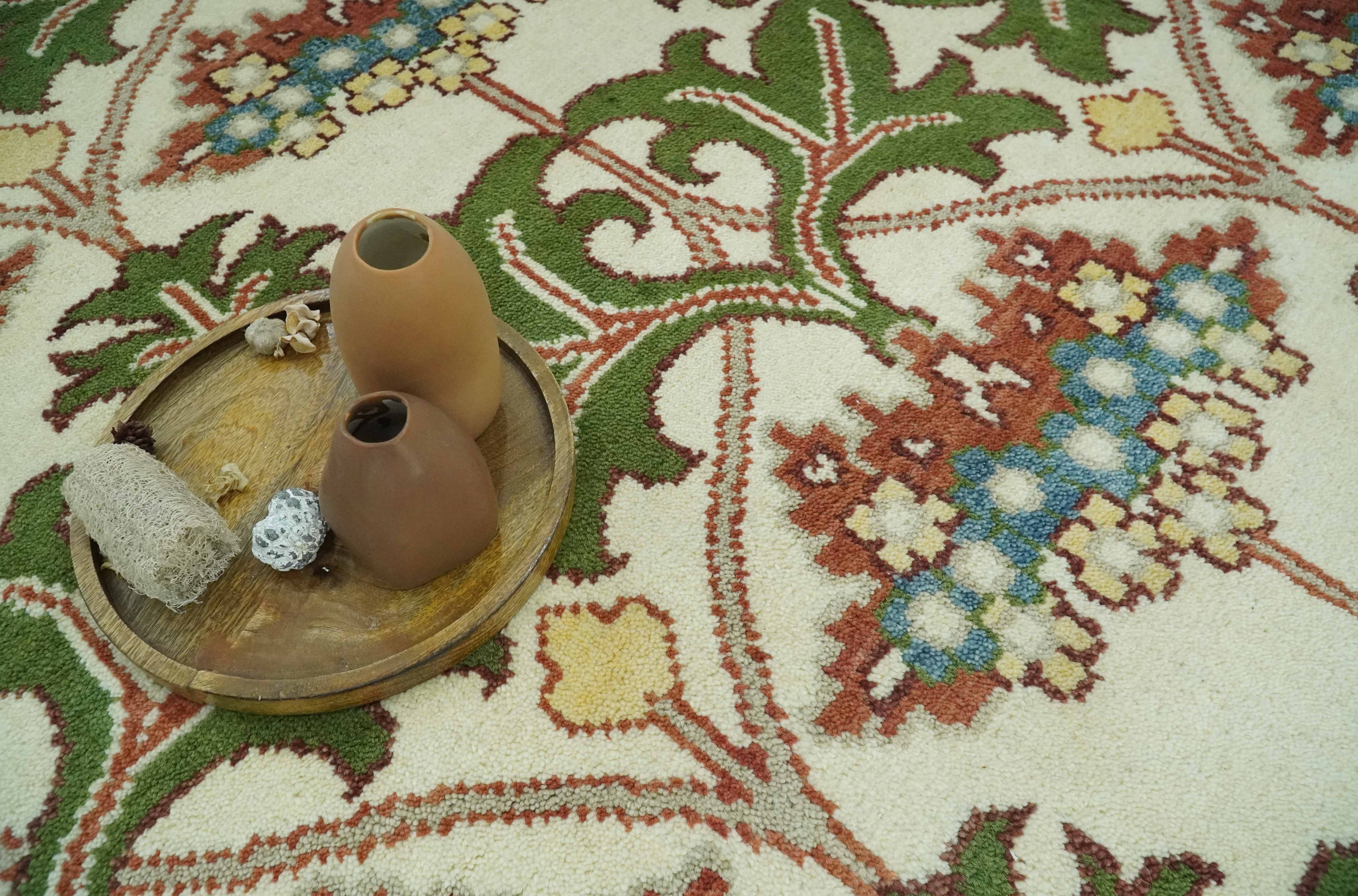 Hand Knotted Ivory and Green Floral Traditional Antique Style Wool Area Rug - Image 8