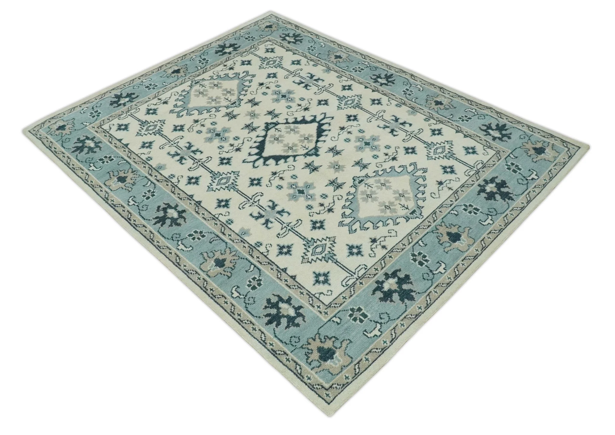 Ivory and Light Blue Traditional Oriental Hand Knotted Custom Made wool area Rug - Image 10