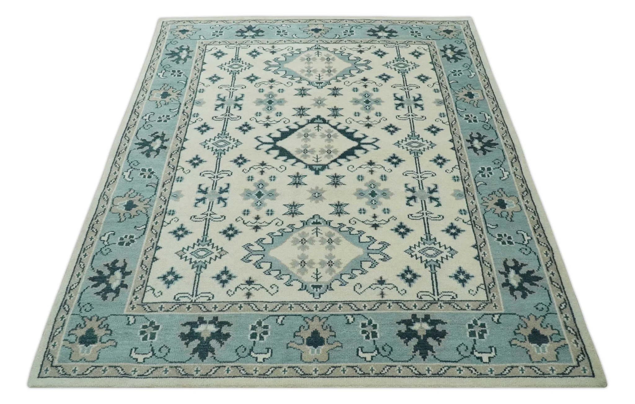 Ivory and Light Blue Traditional Oriental Hand Knotted Custom Made wool area Rug - Image 11