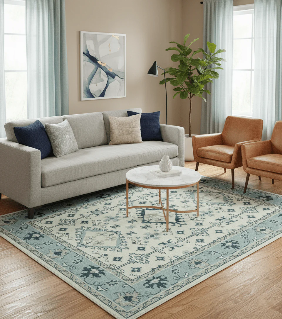 Ivory and Light Blue Traditional Oriental Hand Knotted Custom Made wool area Rug - Image 2