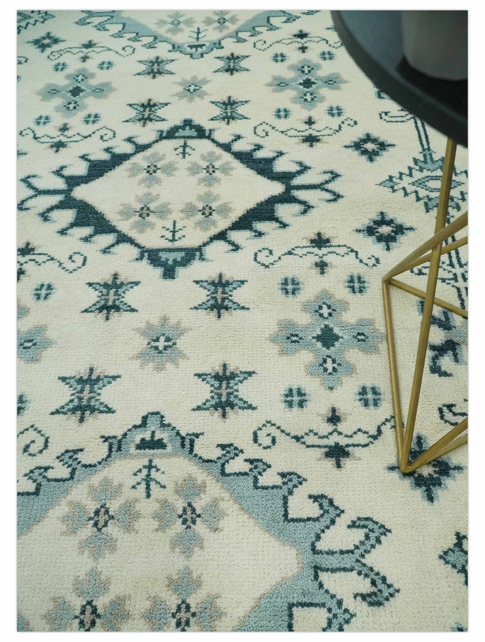 Ivory and Light Blue Traditional Oriental Hand Knotted Custom Made wool area Rug - Image 3