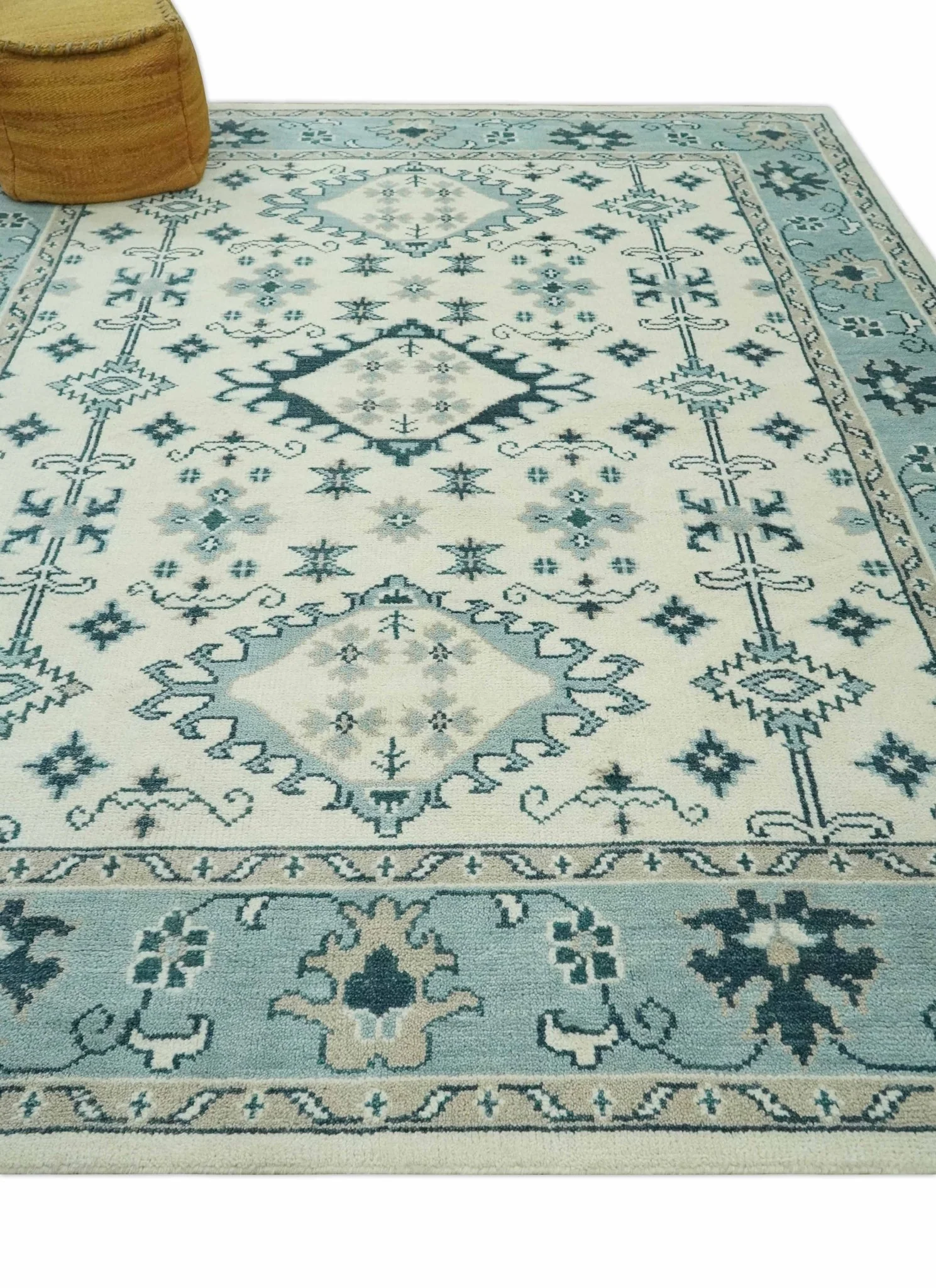 Ivory and Light Blue Traditional Oriental Hand Knotted Custom Made wool area Rug - Image 4