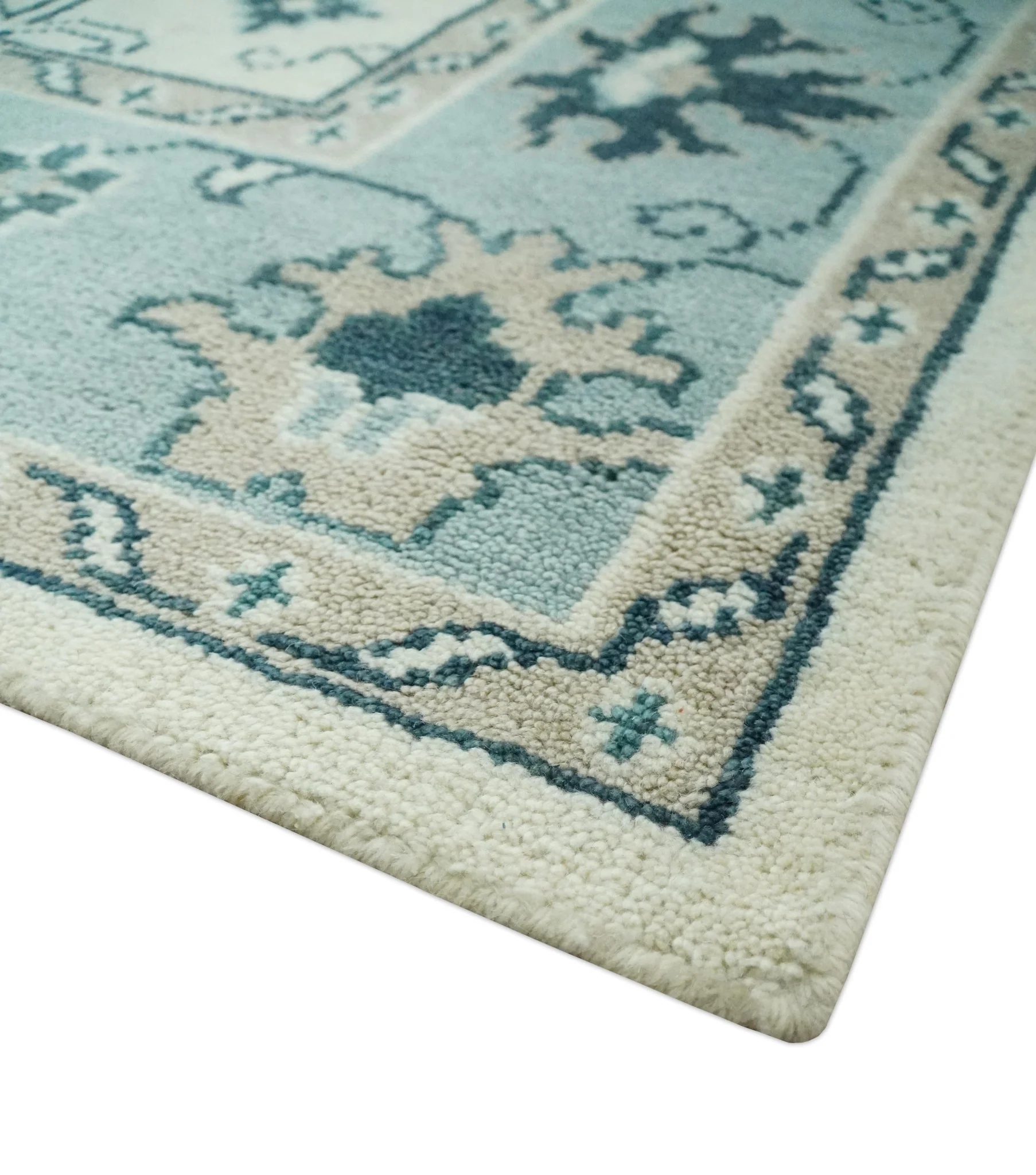 Ivory and Light Blue Traditional Oriental Hand Knotted Custom Made wool area Rug - Image 6