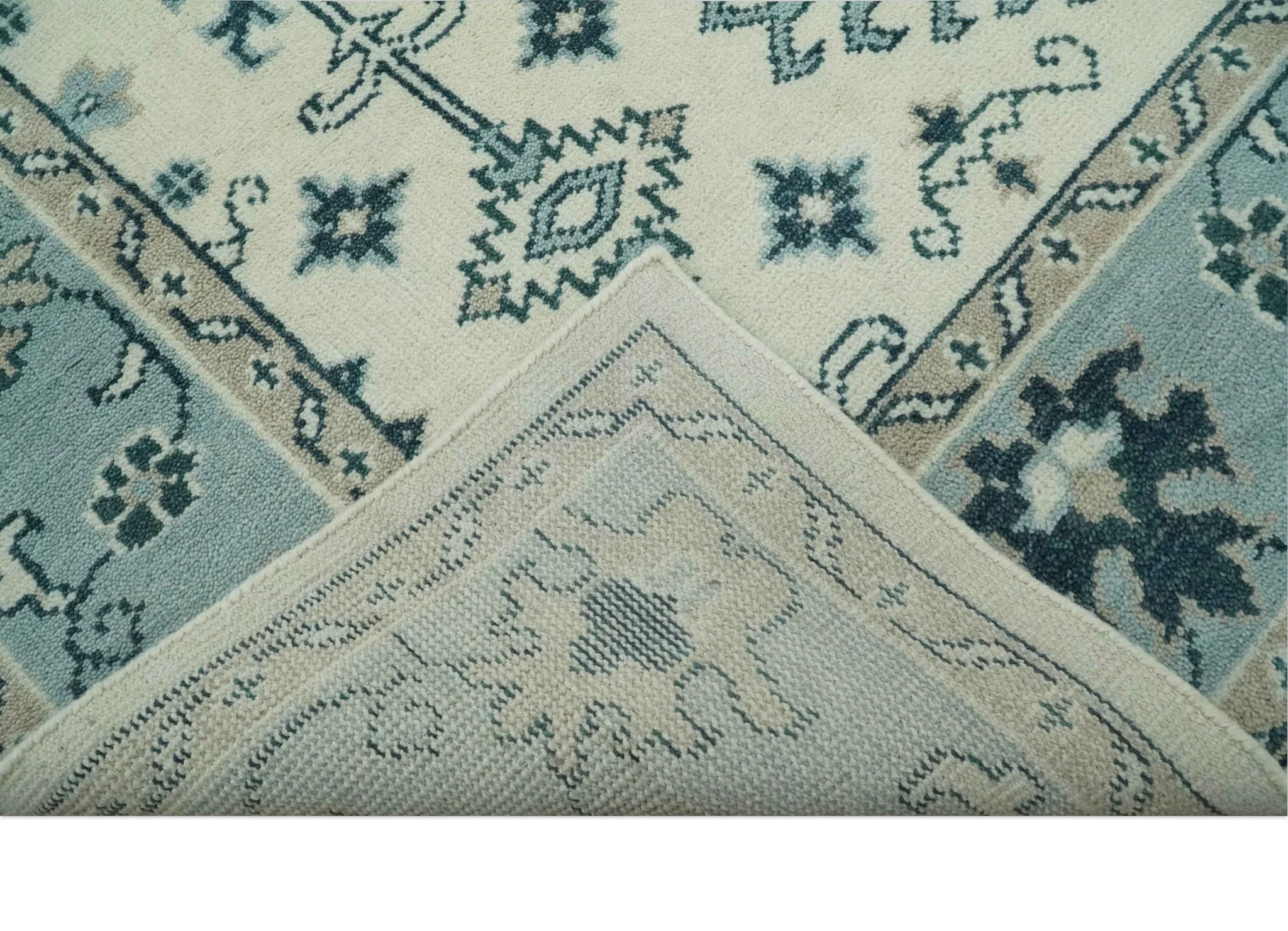 Ivory and Light Blue Traditional Oriental Hand Knotted Custom Made wool area Rug - Image 8