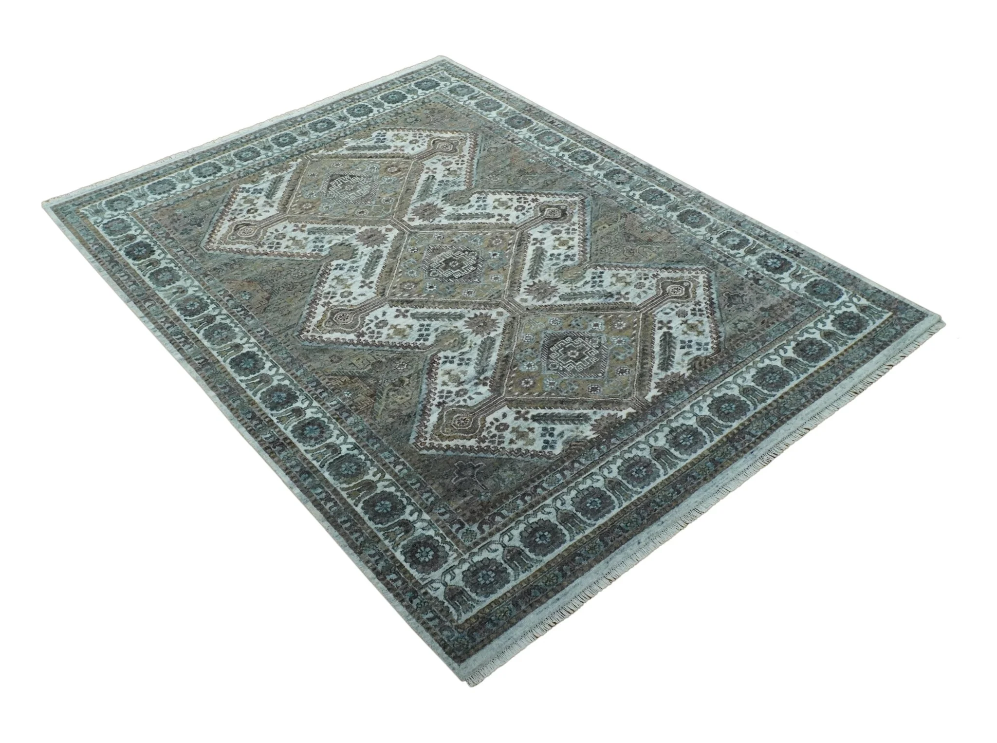Ivory and Olive 8x10 Hand Knotted Traditional Design wool area rug - Image 11