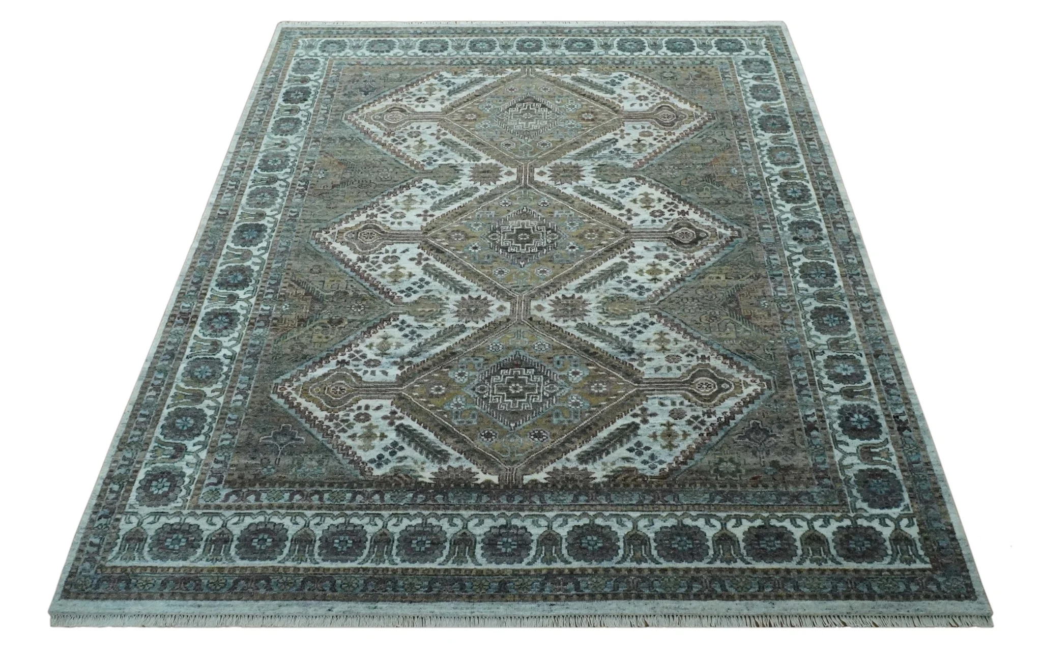 Ivory and Olive 8x10 Hand Knotted Traditional Design wool area rug - Image 12